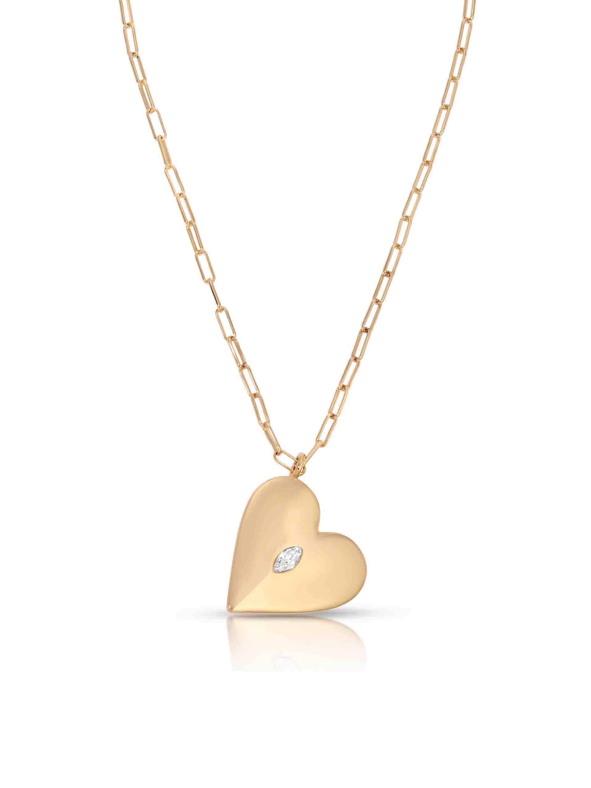 Delicate gold chain necklace with a polished heart-shaped pendant and tiny diamond accent, isolated on white, conveying romance and elegance.