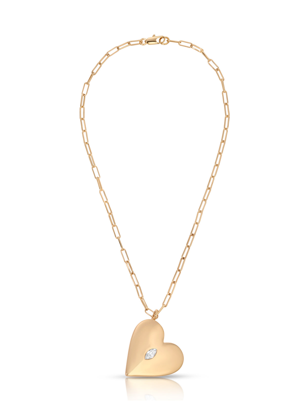 Delicate gold chain necklace with a polished heart-shaped pendant and tiny diamond accent, isolated on white, conveying romance and elegance.