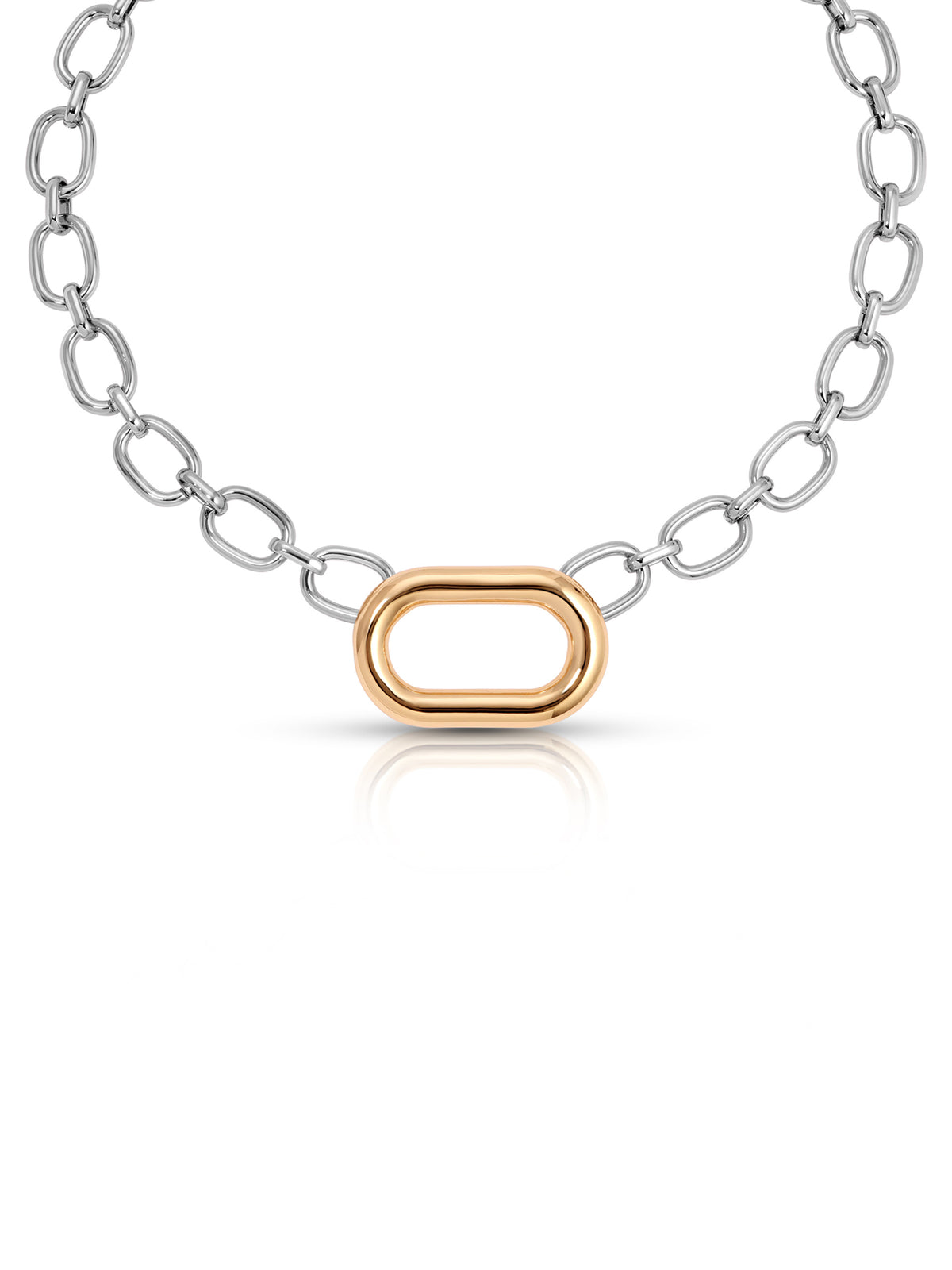 A silver chain necklace with a central oval link in polished rose gold, displayed on a clean white background with a soft reflection below.