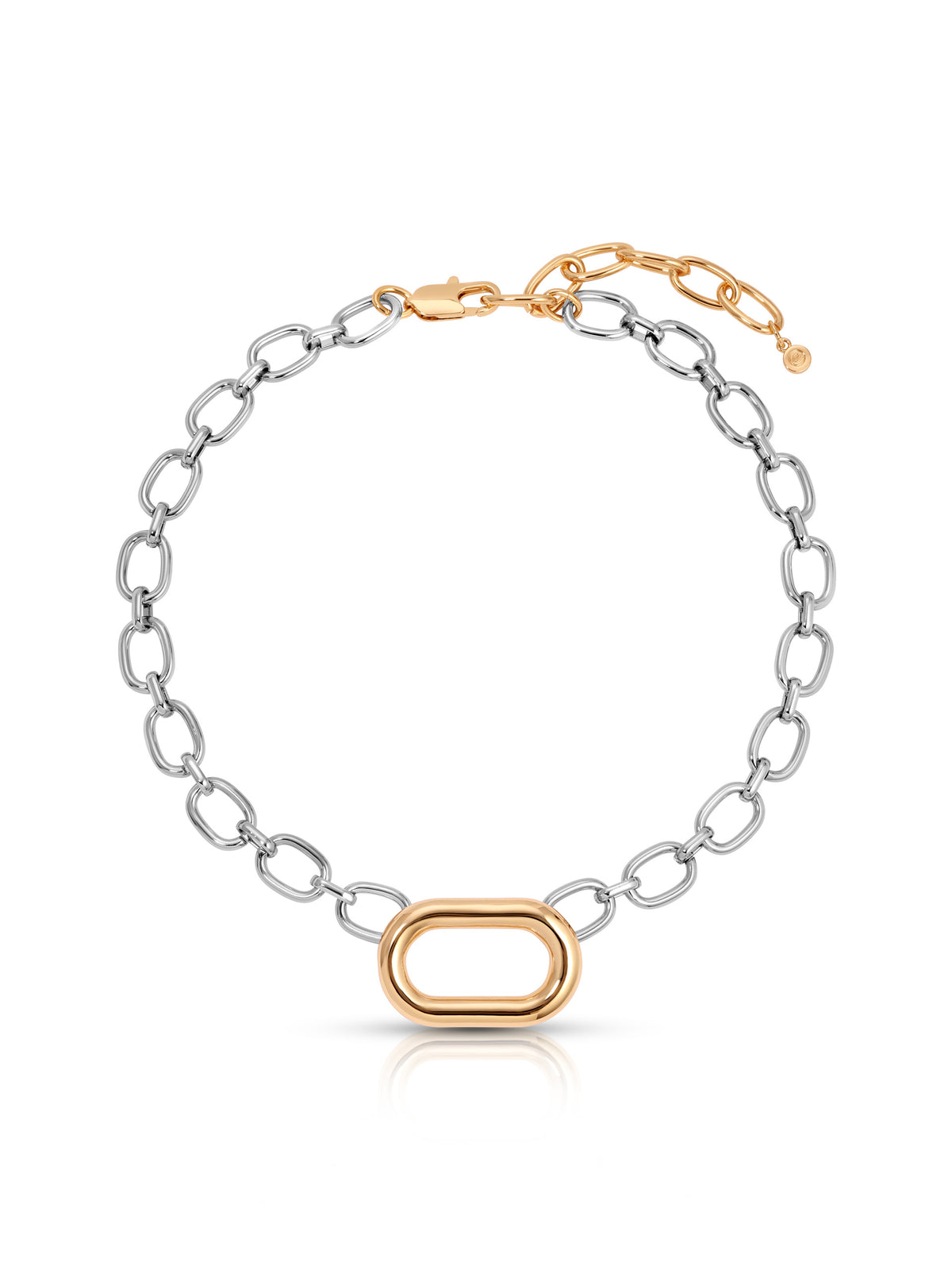 A two-tone chain link bracelet featuring a polished silver-tone chain and a central oval link in rose gold, displayed on a clean white background with a subtle reflection.