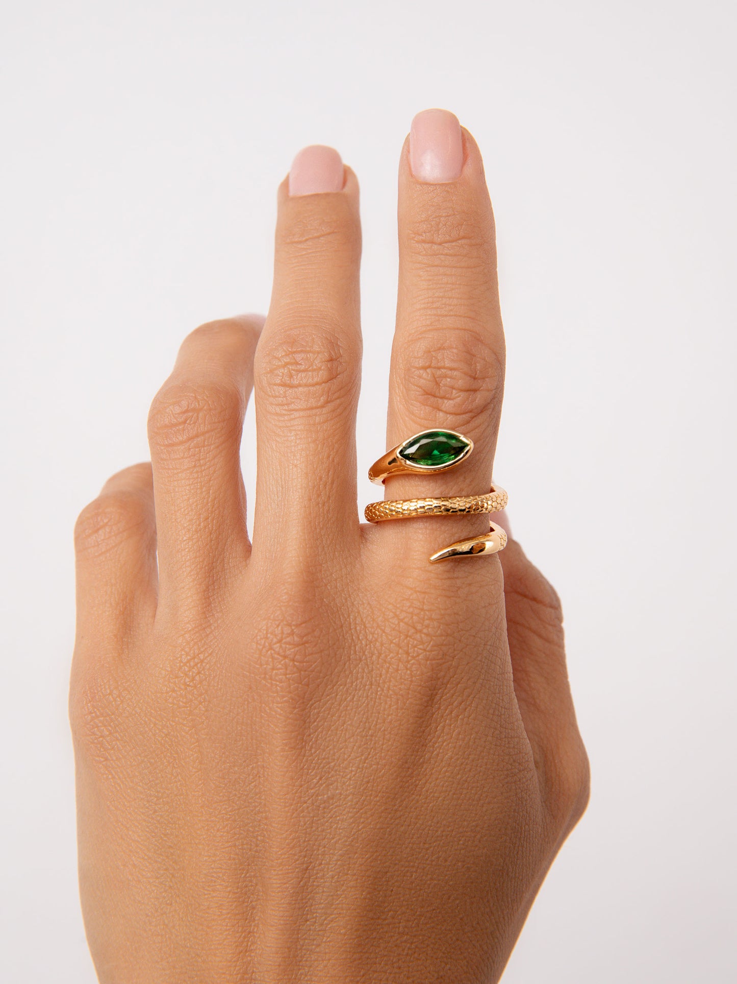 Marquise Coiled Ring Emerald Crystal with 18k Gold Plating on model