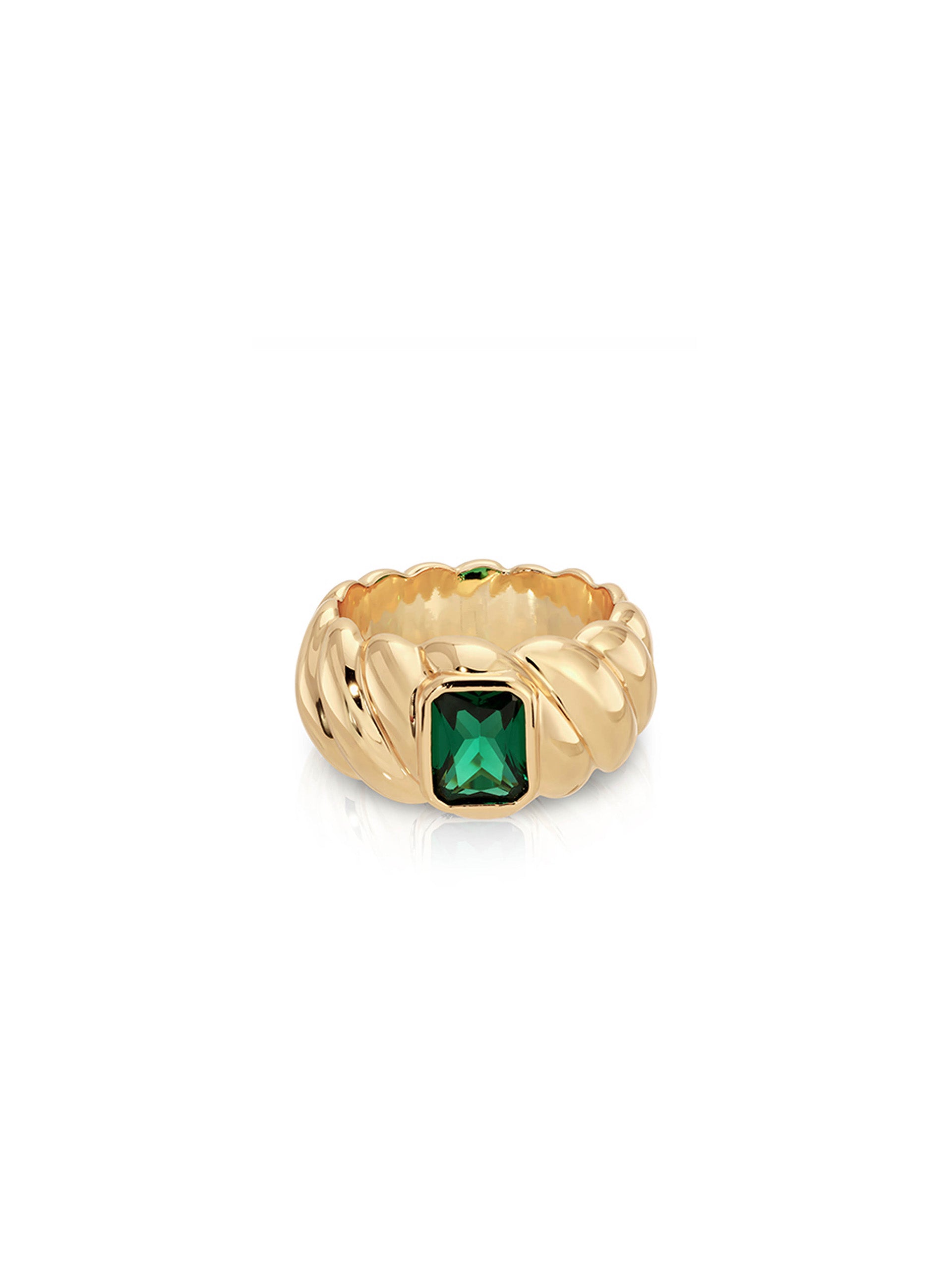 A gold ring with a textured, ribbed band and a central rectangular green gemstone, shown on a plain white background.