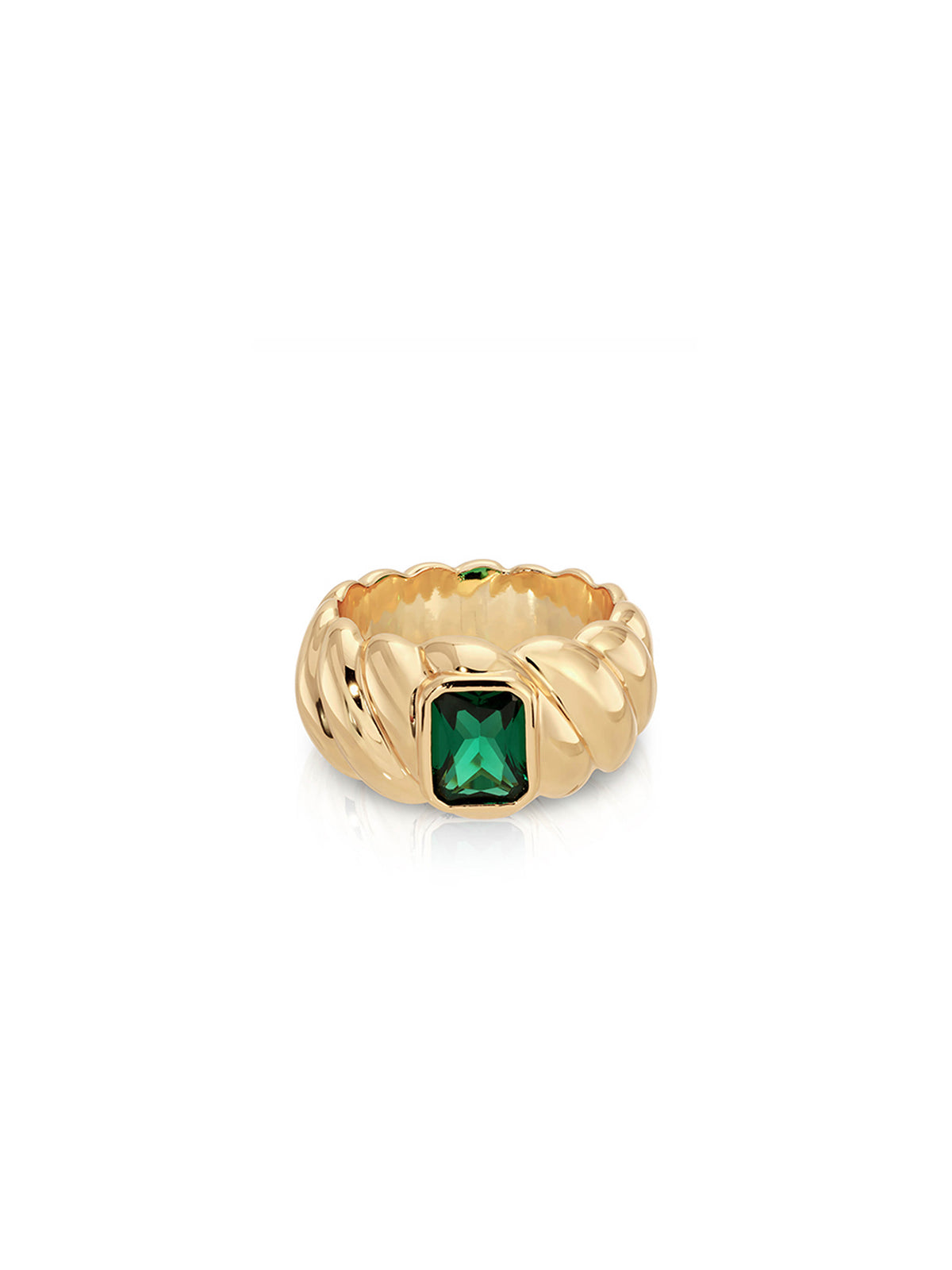 A gold ring with a textured, ribbed band and a central rectangular green gemstone, shown on a plain white background.