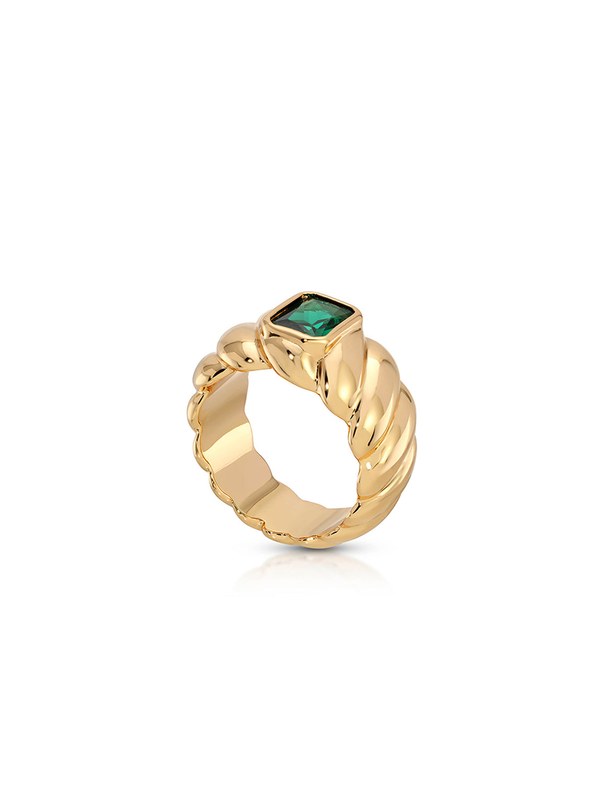 A gold ring with a twisted band and a square green gemstone, shown on a clean white background.