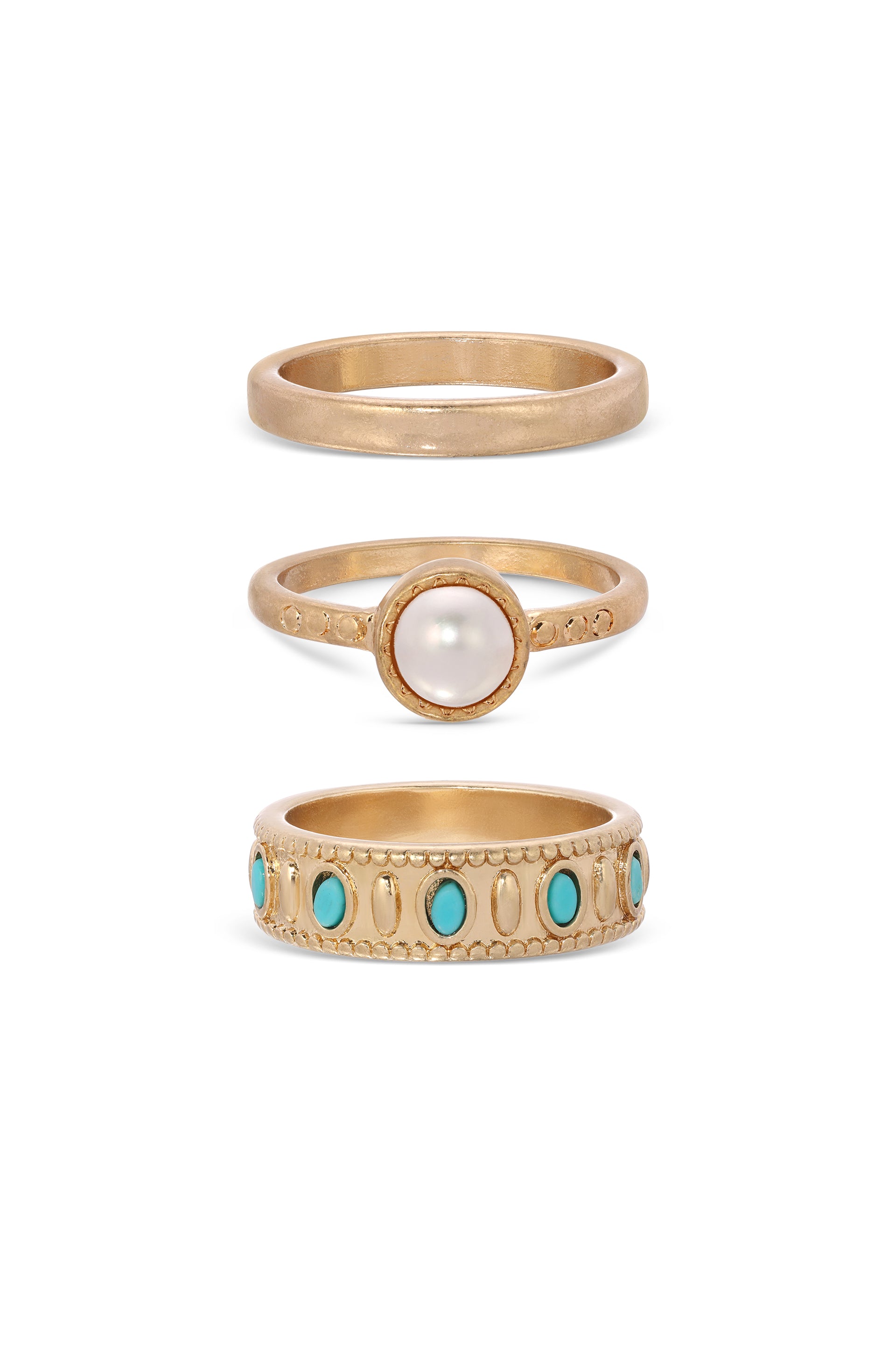 Turquoise and Pearl Worn 18k Gold Plated Ring Set