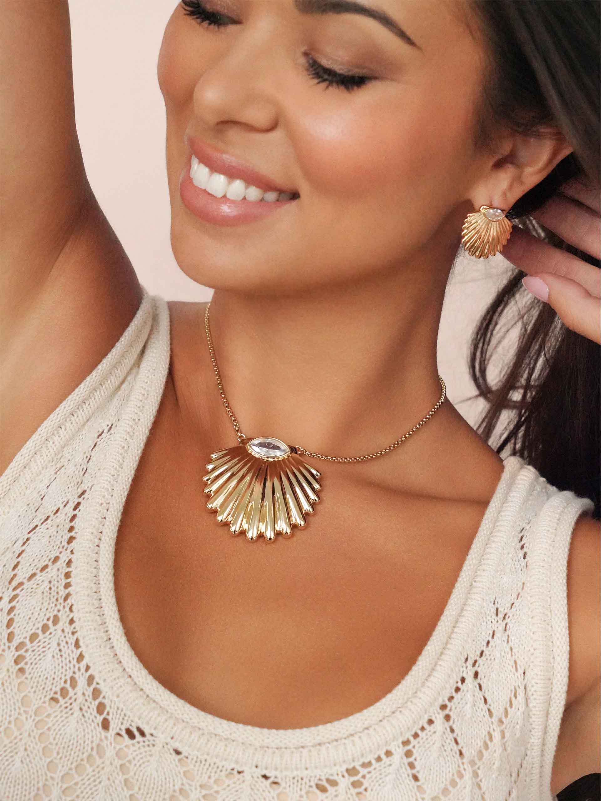 Scallop Crystal Necklace on model 2 hover