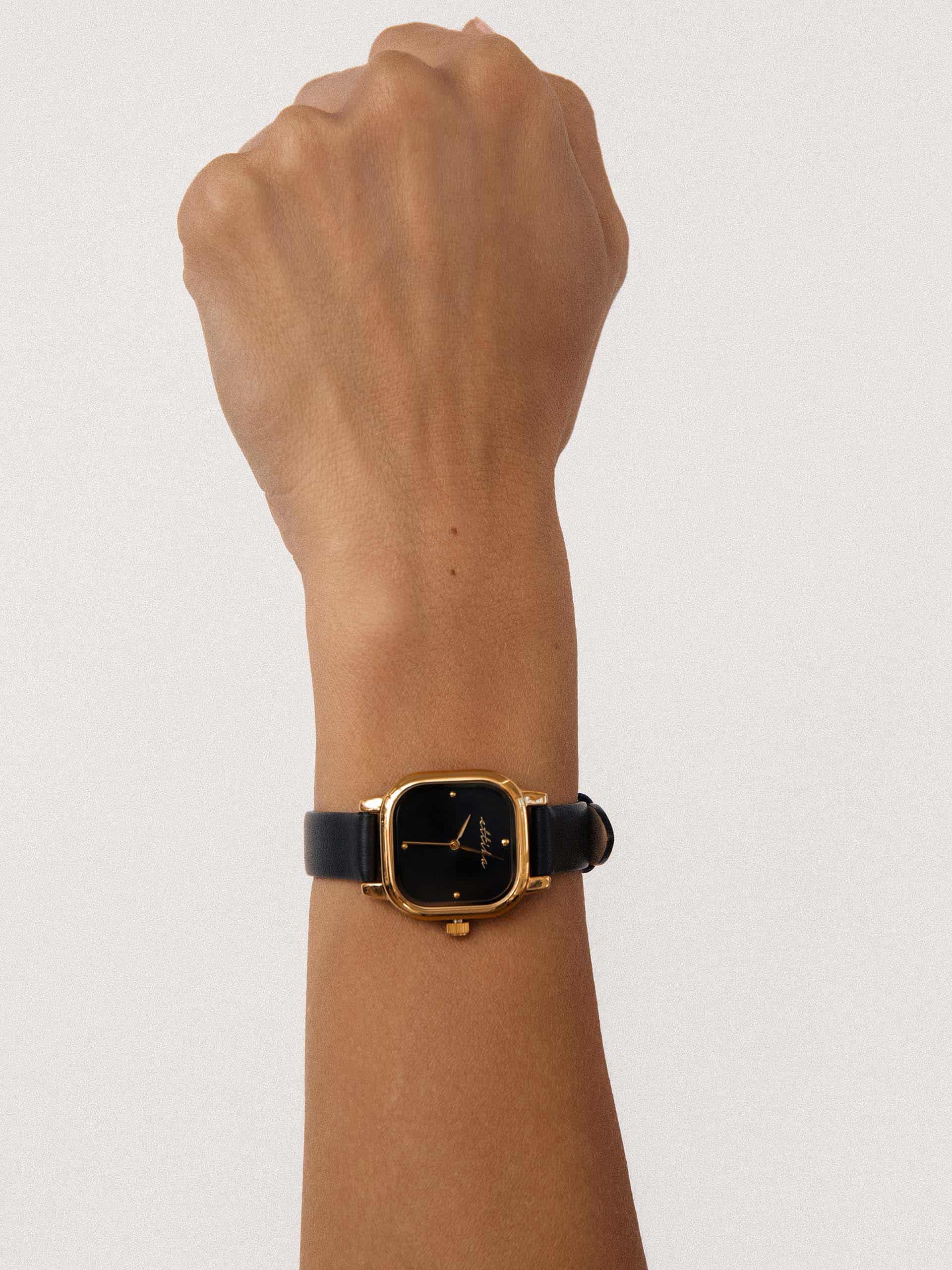 Classic Square Black Leather Watch with 24K Gold Plating 4