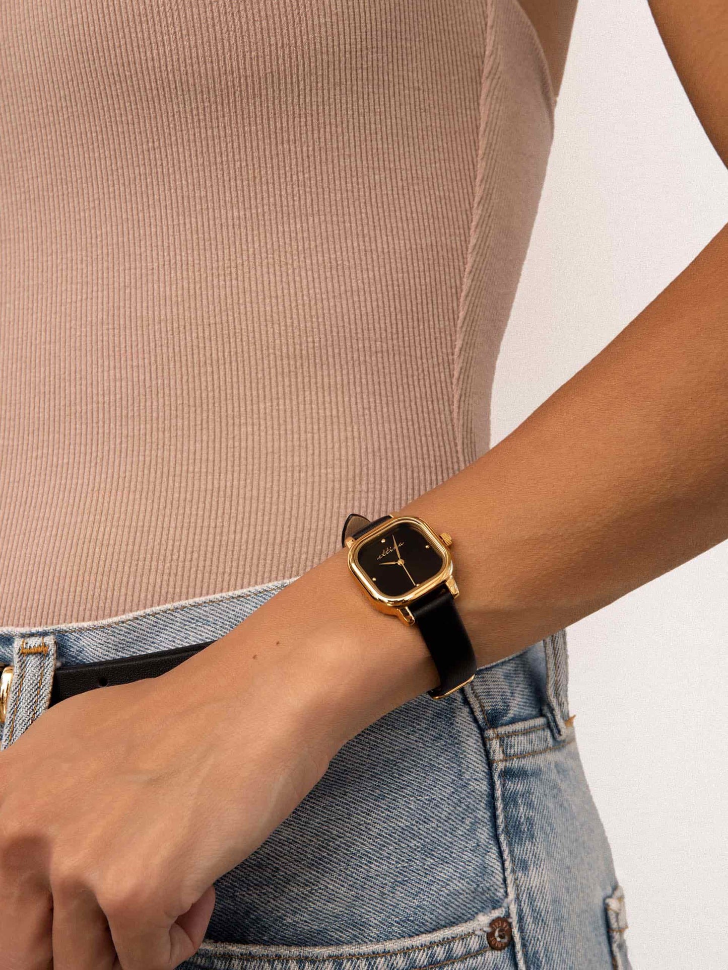 Classic Square Black Leather Watch with 24K Gold Plating 2
