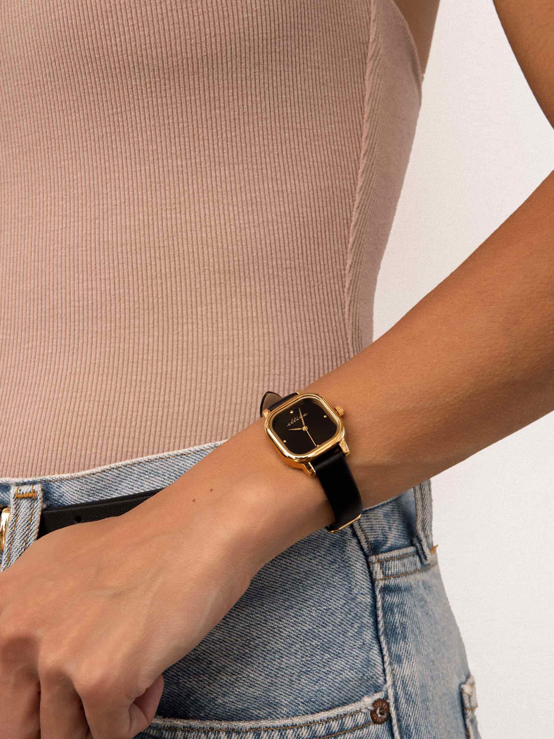 Classic Square Black Leather Watch with 24K Gold Plating 2