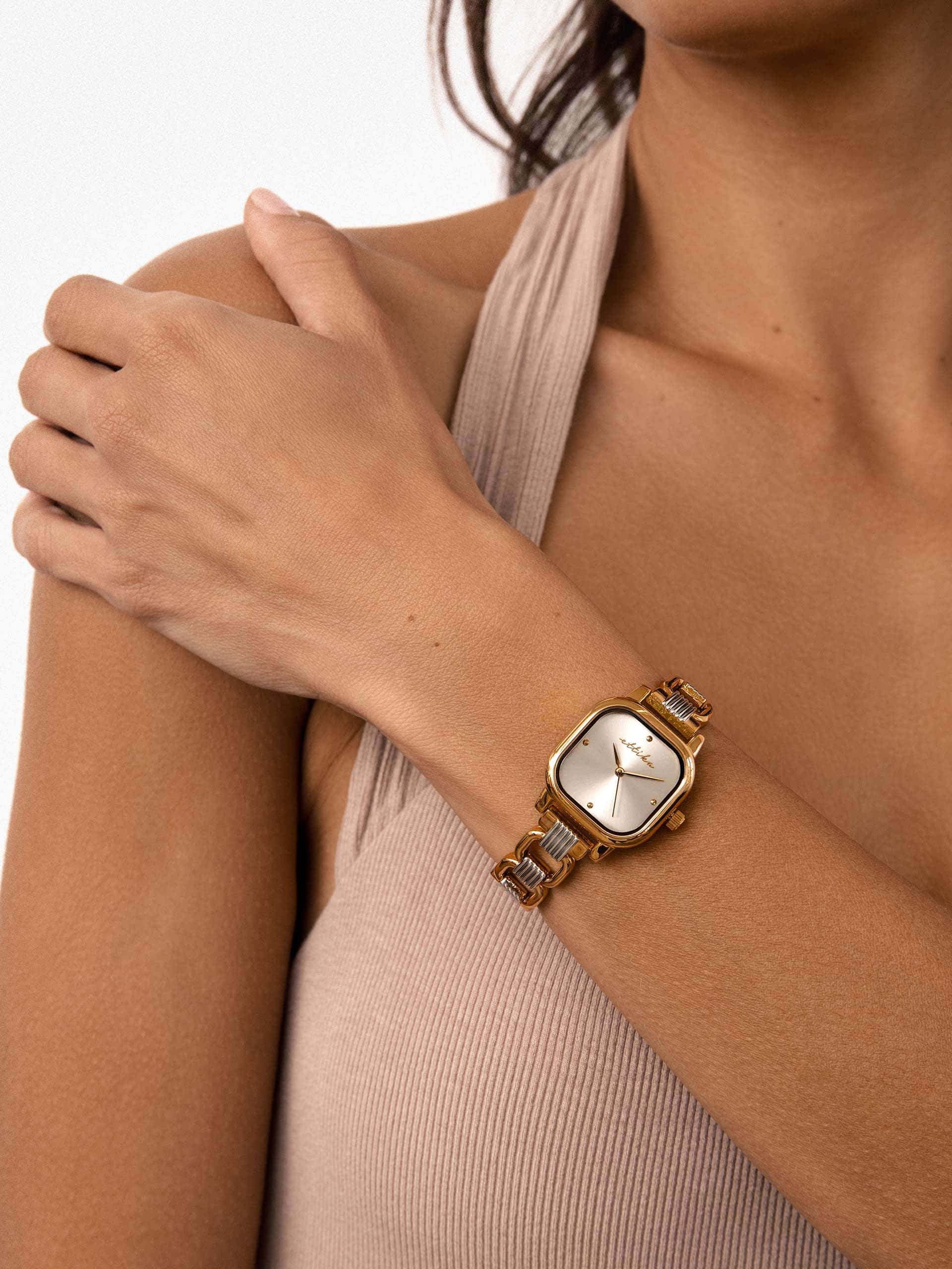 Classic Square Mixed Metal Bracelet Watch with 24K Gold Plating 2