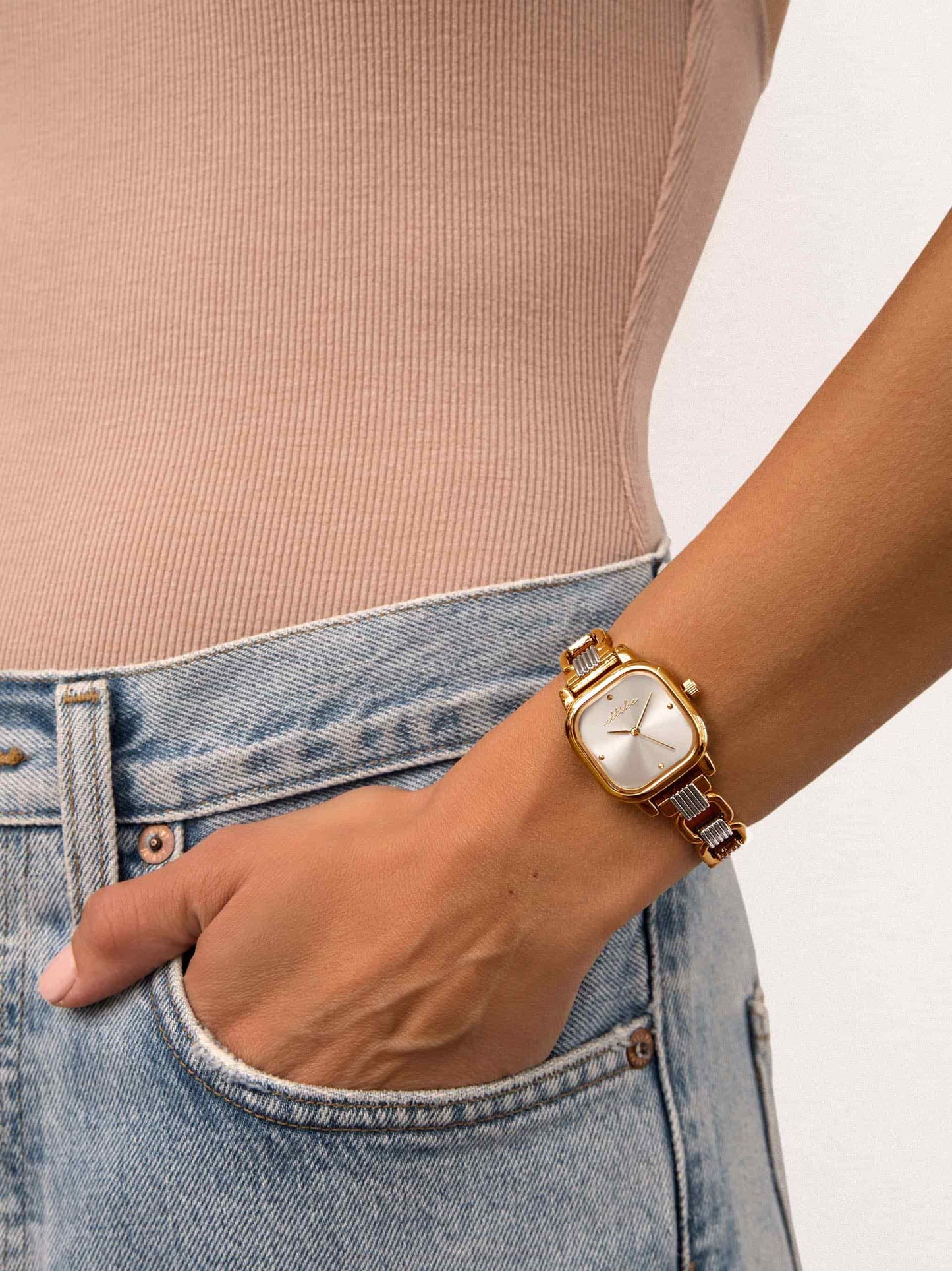 Classic Square Mixed Metal Bracelet Watch with 24K Gold Plating 6