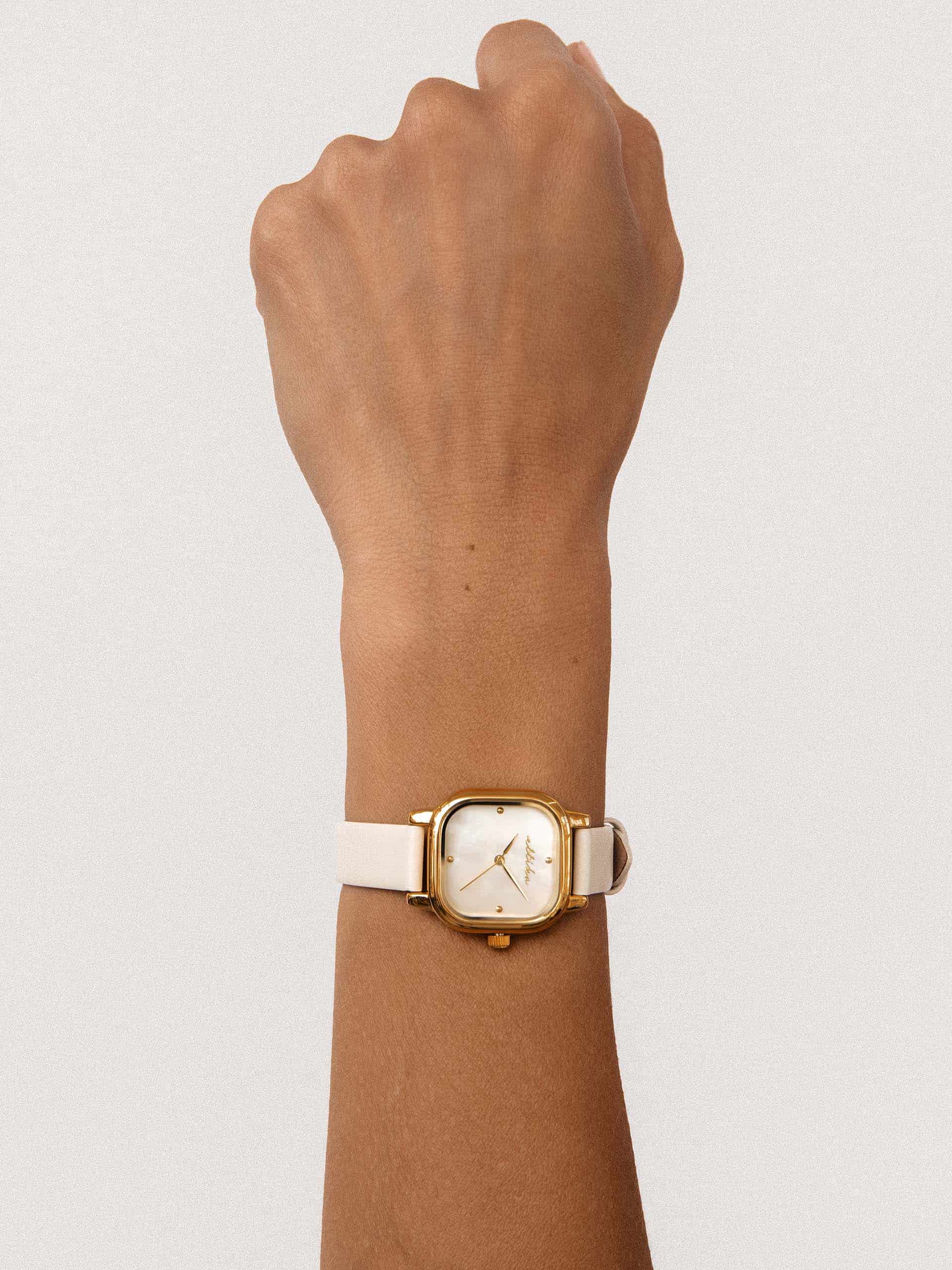 Classic Square Bone Leather Watch with 24K Gold Plating 4