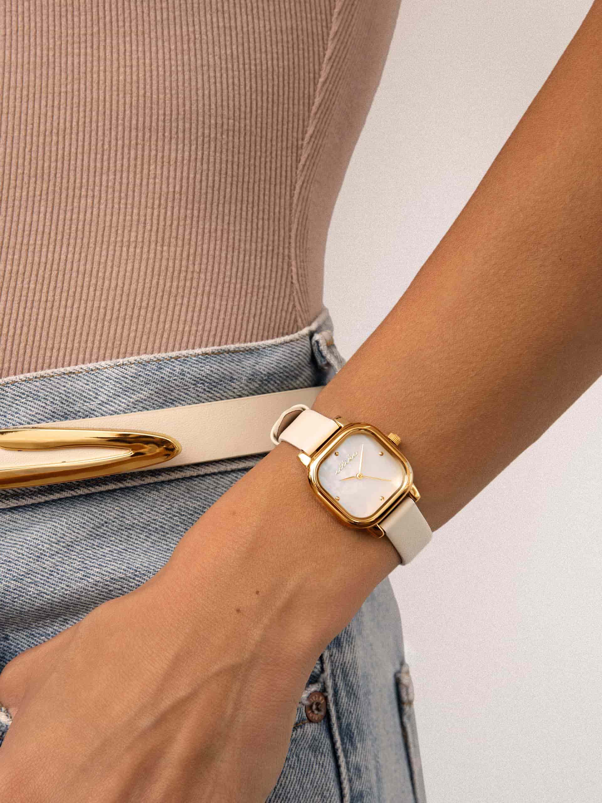 Classic Square Bone Leather Watch with 24K Gold Plating 6