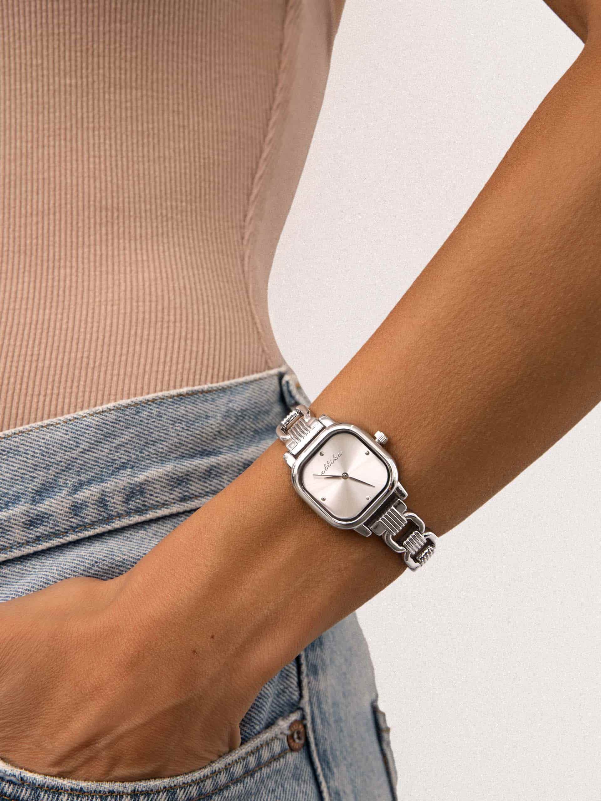 Classic Square Silver Bracelet Watch with 24K Gold Plating 4