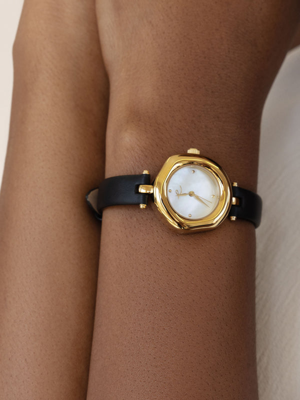 Open Circle Leather Watch in Black Second