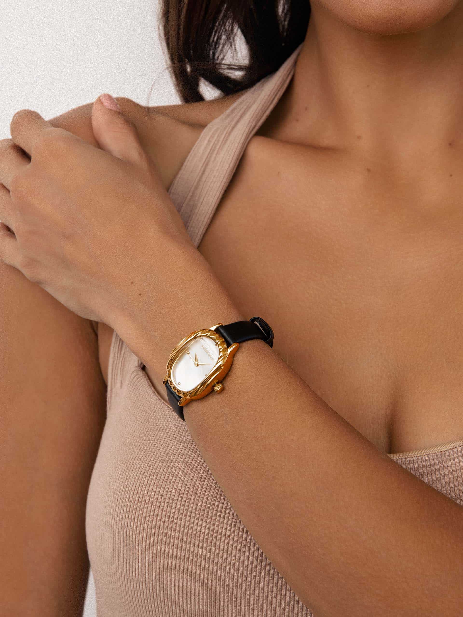 Timeless Texture Black Leather Watch with 24K Gold Plating 2