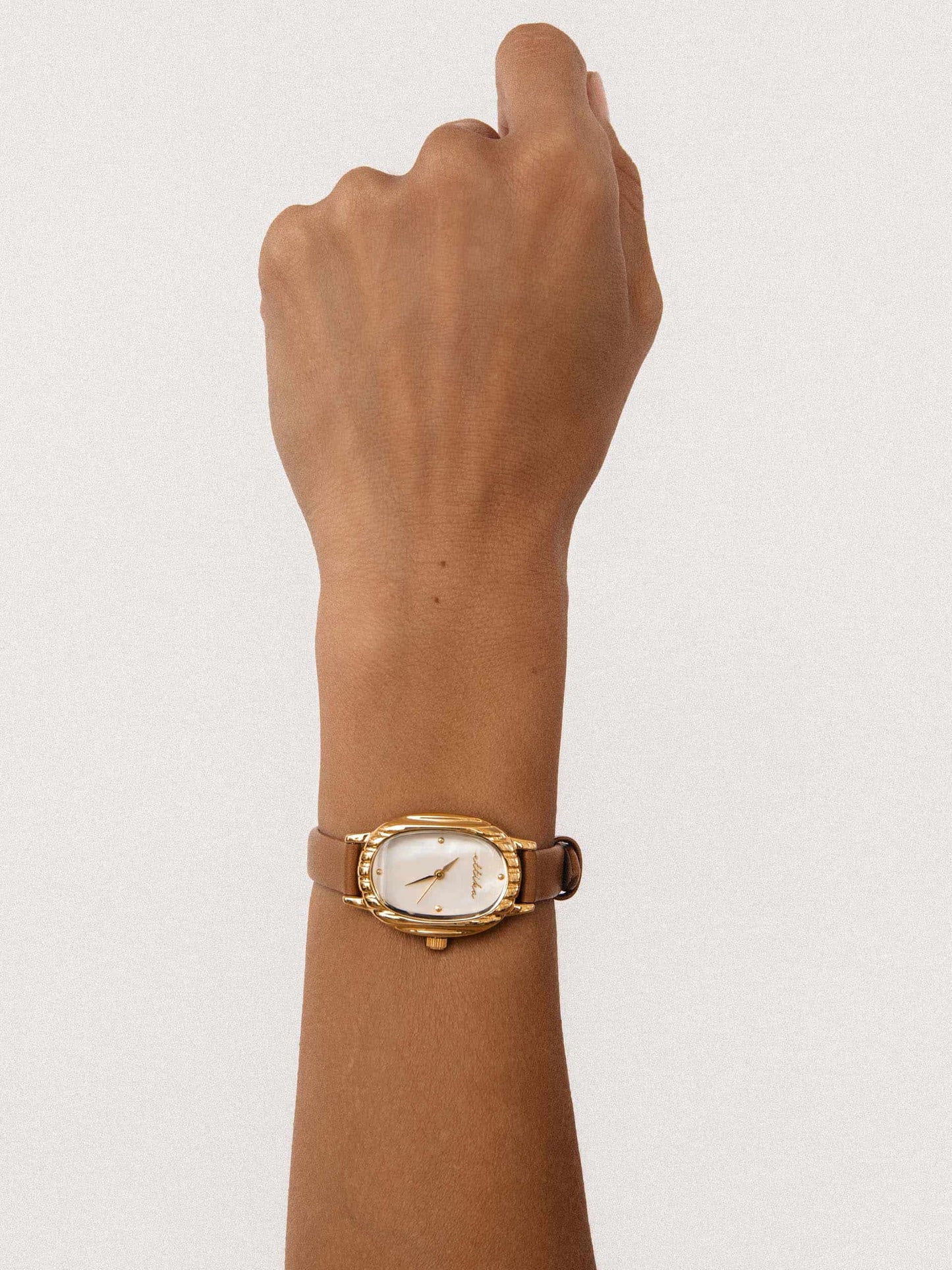 Timeless Texture Cognac Leather Watch with 24K Gold Plating 4
