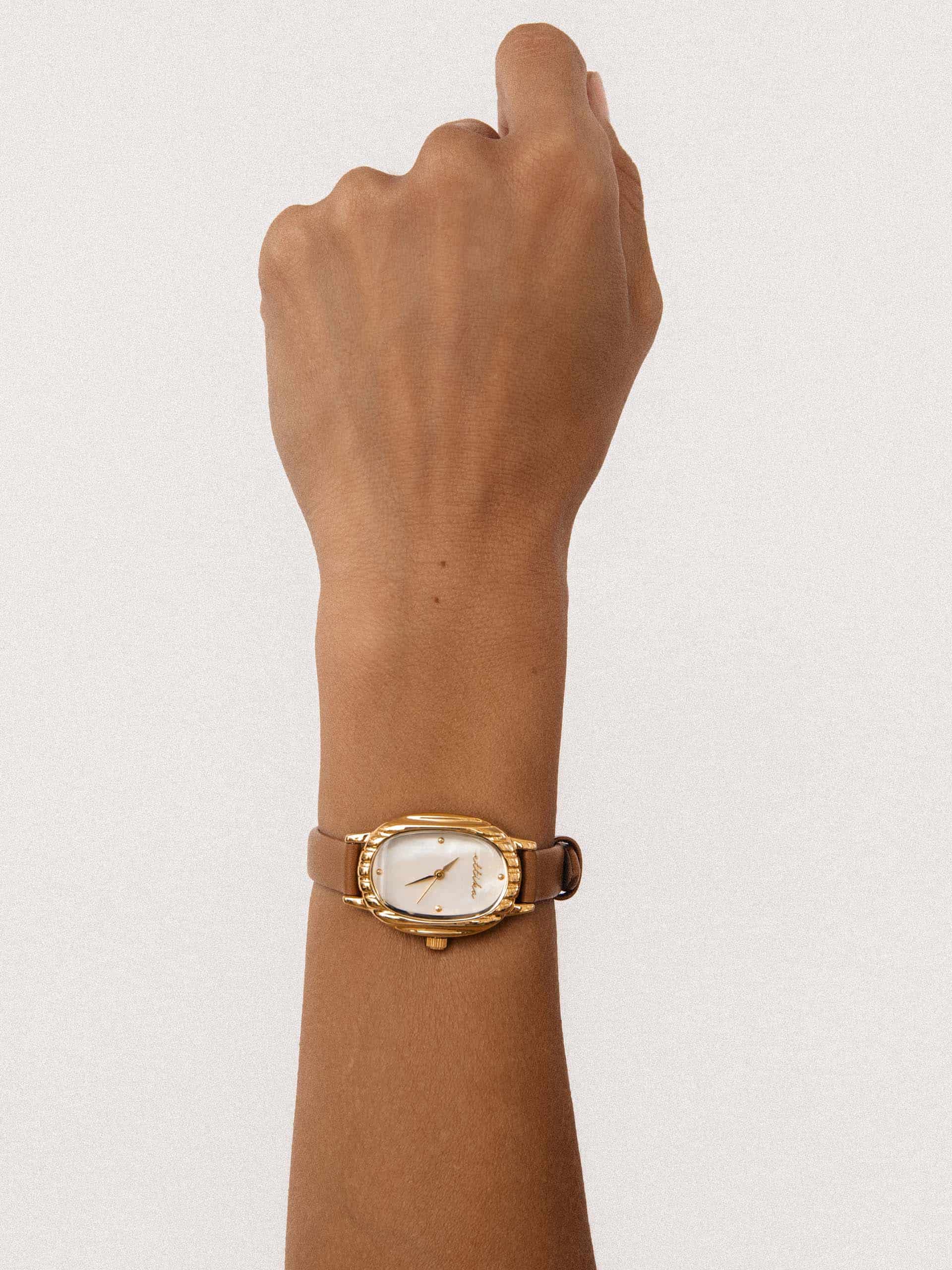 Timeless Texture Cognac Leather Watch with 24K Gold Plating 4