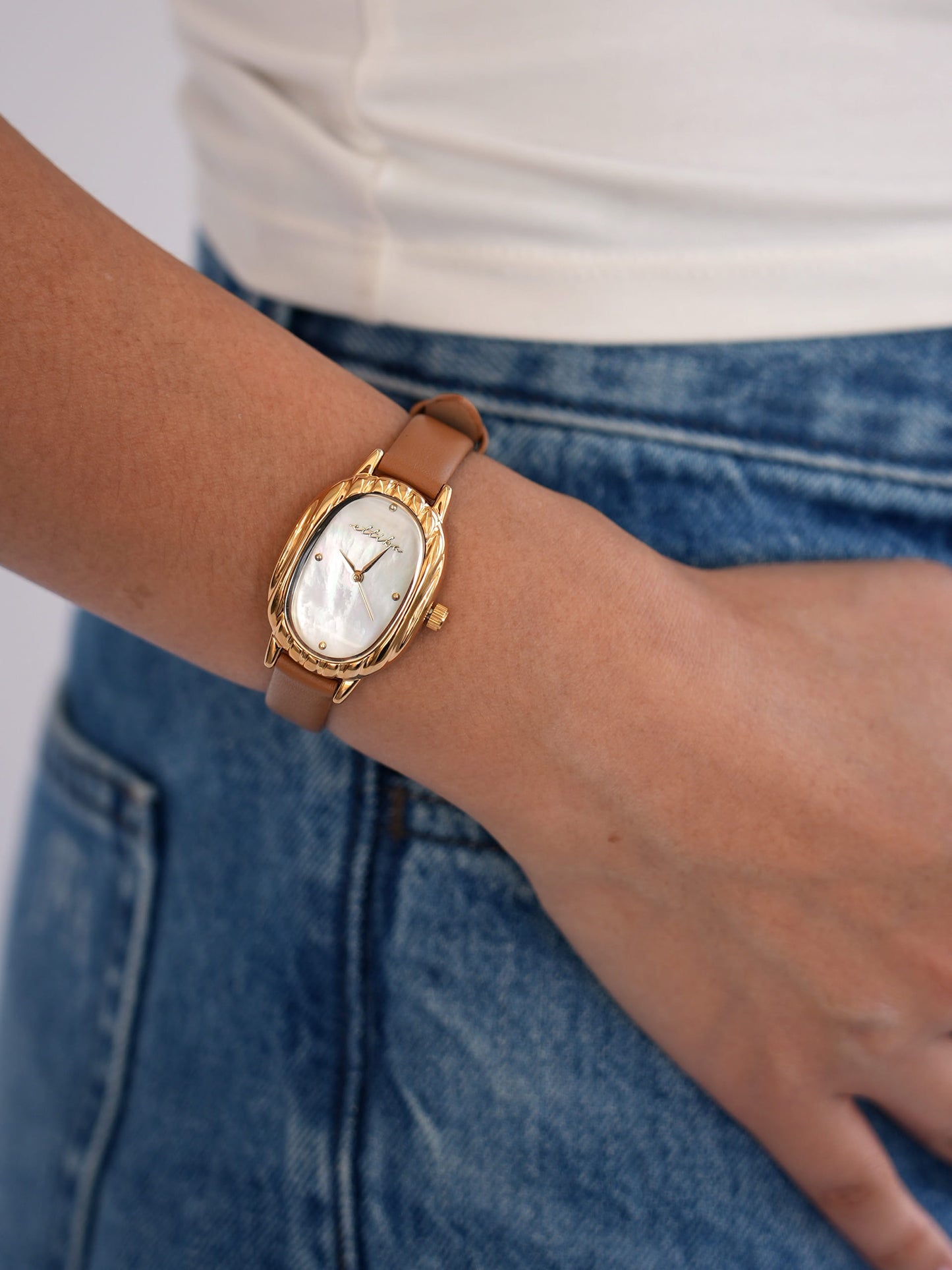Timeless Texture Cognac Leather Watch with 24K Gold Plating 5