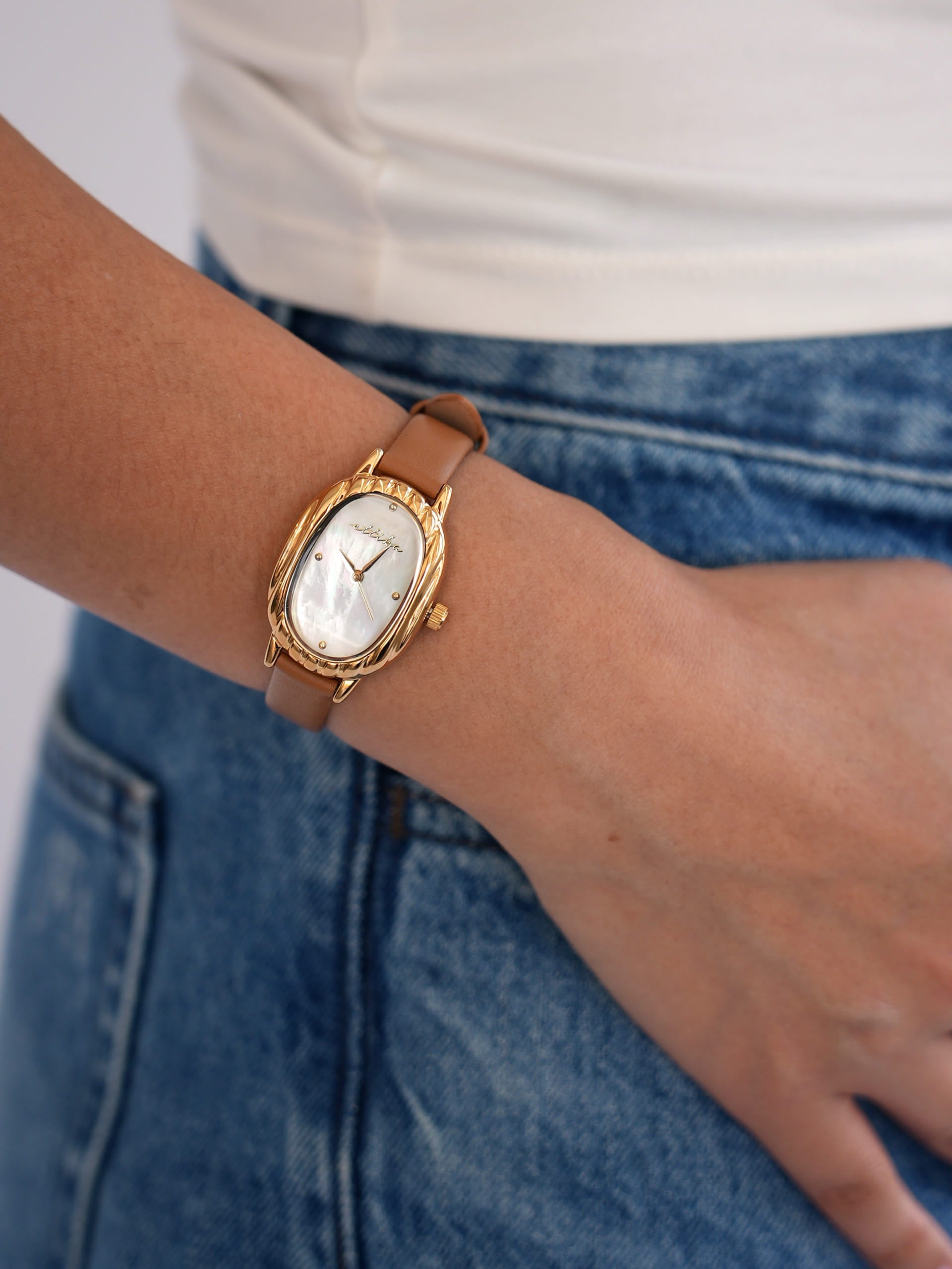 Timeless Texture Cognac Leather Watch with 24K Gold Plating 5