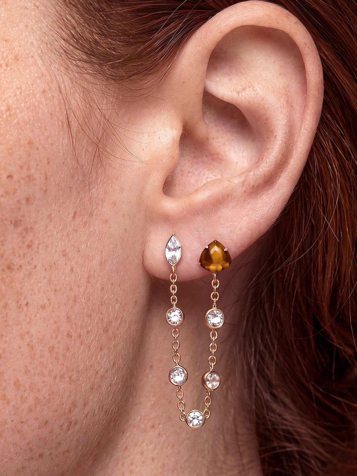 Double Piercing Tiger's Eye Earrings