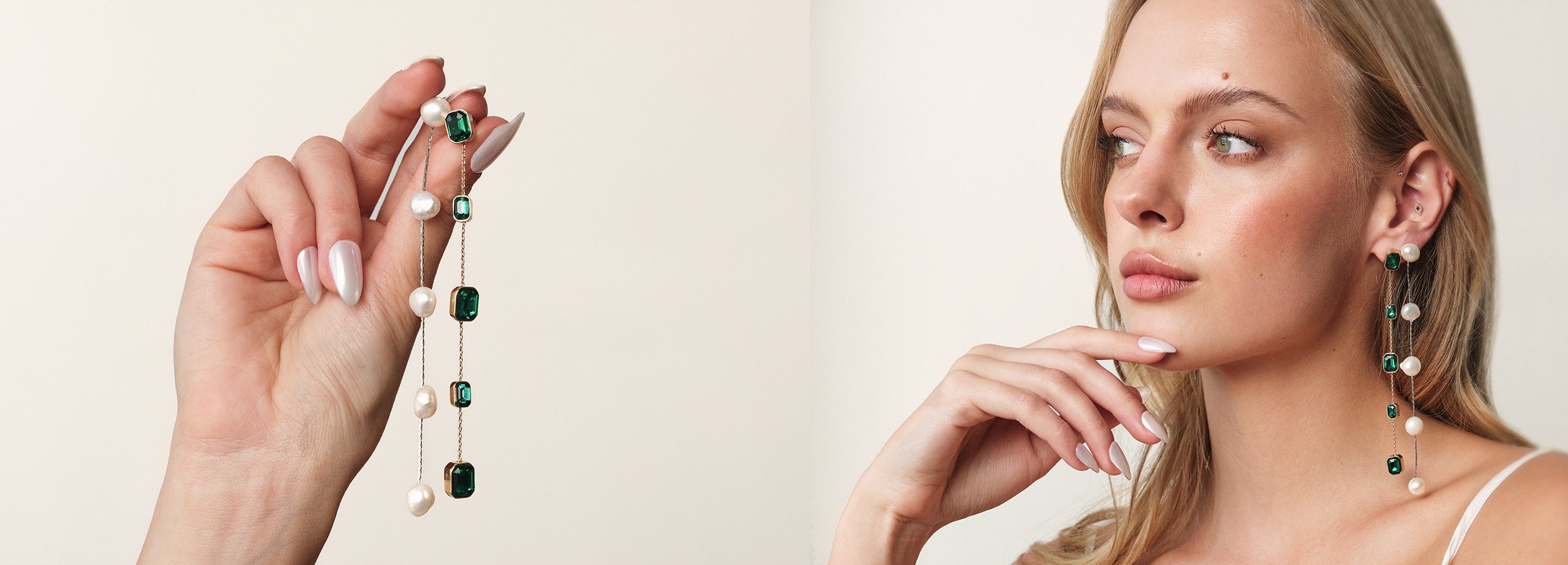 model in dangle earrings