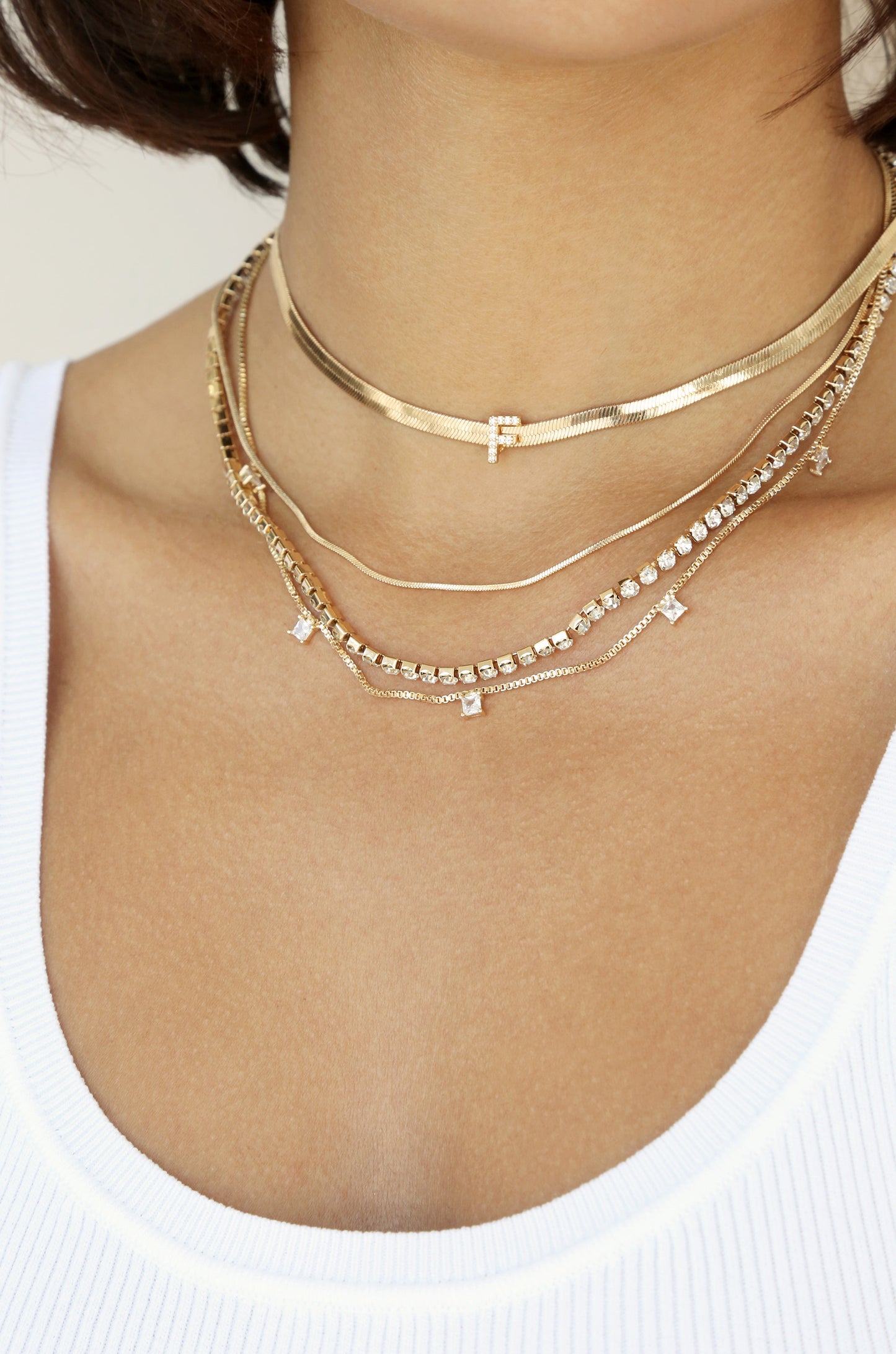 Initial Herringbone Necklace and Mixed Chain Necklace Bundle close on model