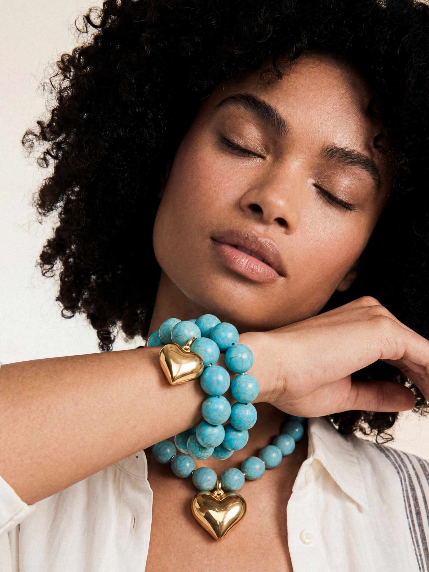 Luck and Love Turquoise Heart Necklace Turquoise with 18k Gold Plating on model 5