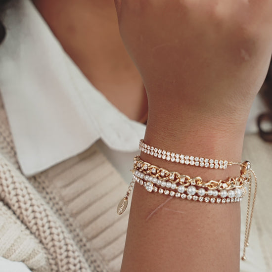 The Ultimate Pearl and Crystal Mixed 18k Gold Plated Bracelet Stack in video