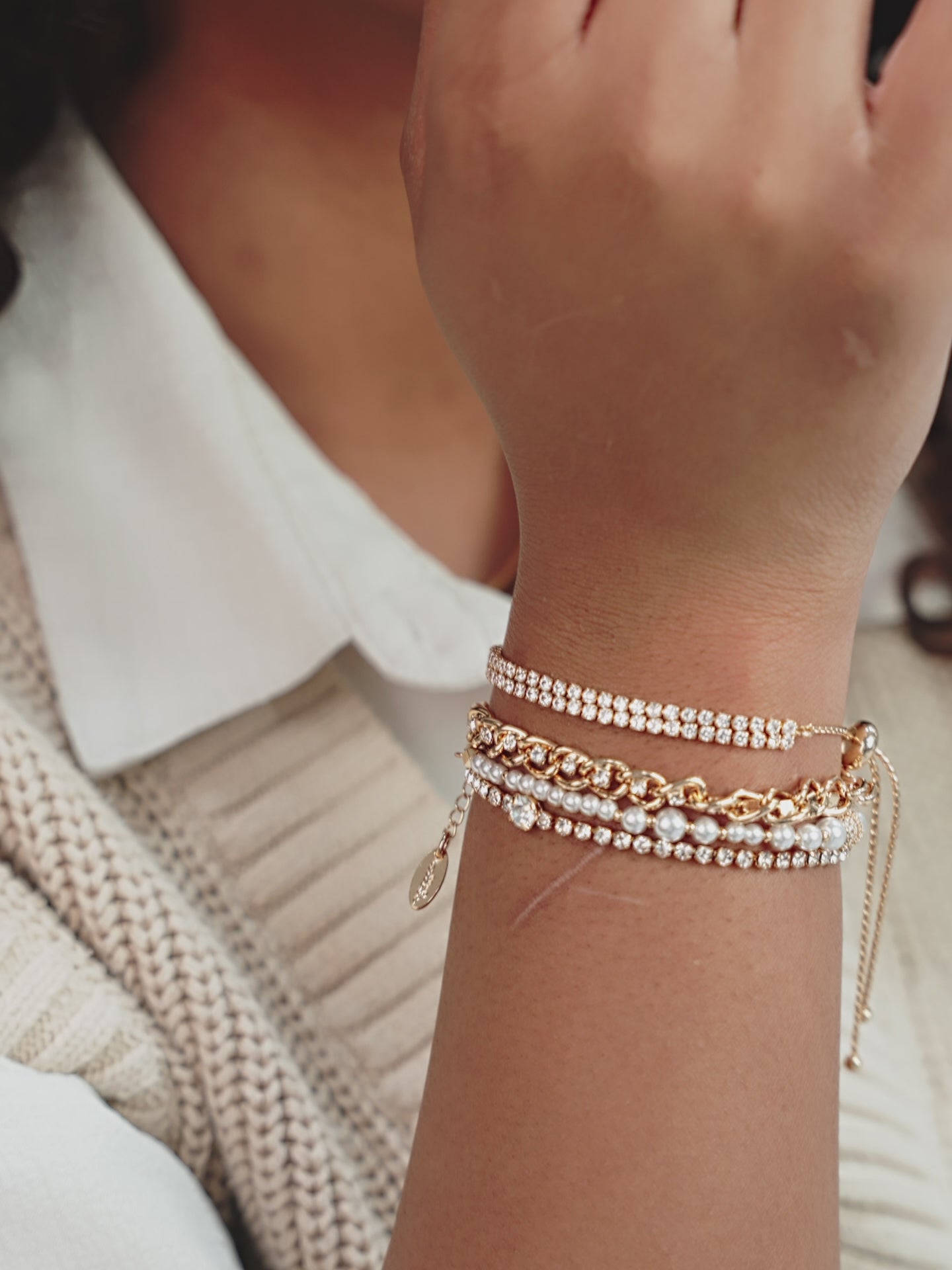 The Ultimate Pearl and Crystal Mixed 18k Gold Plated Bracelet Stack in video