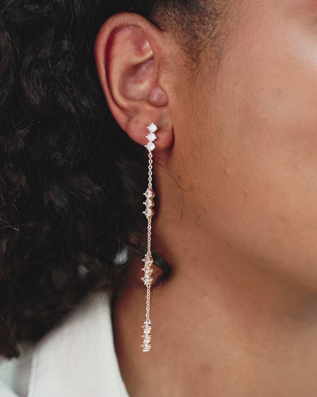 Linear Crystal Drop Earrings on model in video