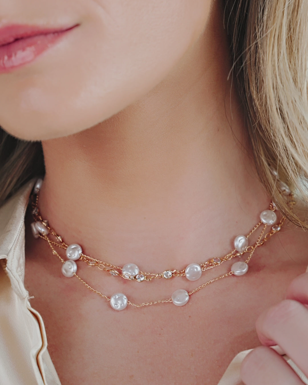 Dressed in Pearls Layered Necklace on model in video