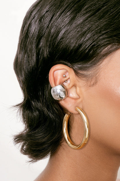 Thick Large Hoops (2") and Chunky Cuff Set on model rhodium and gold