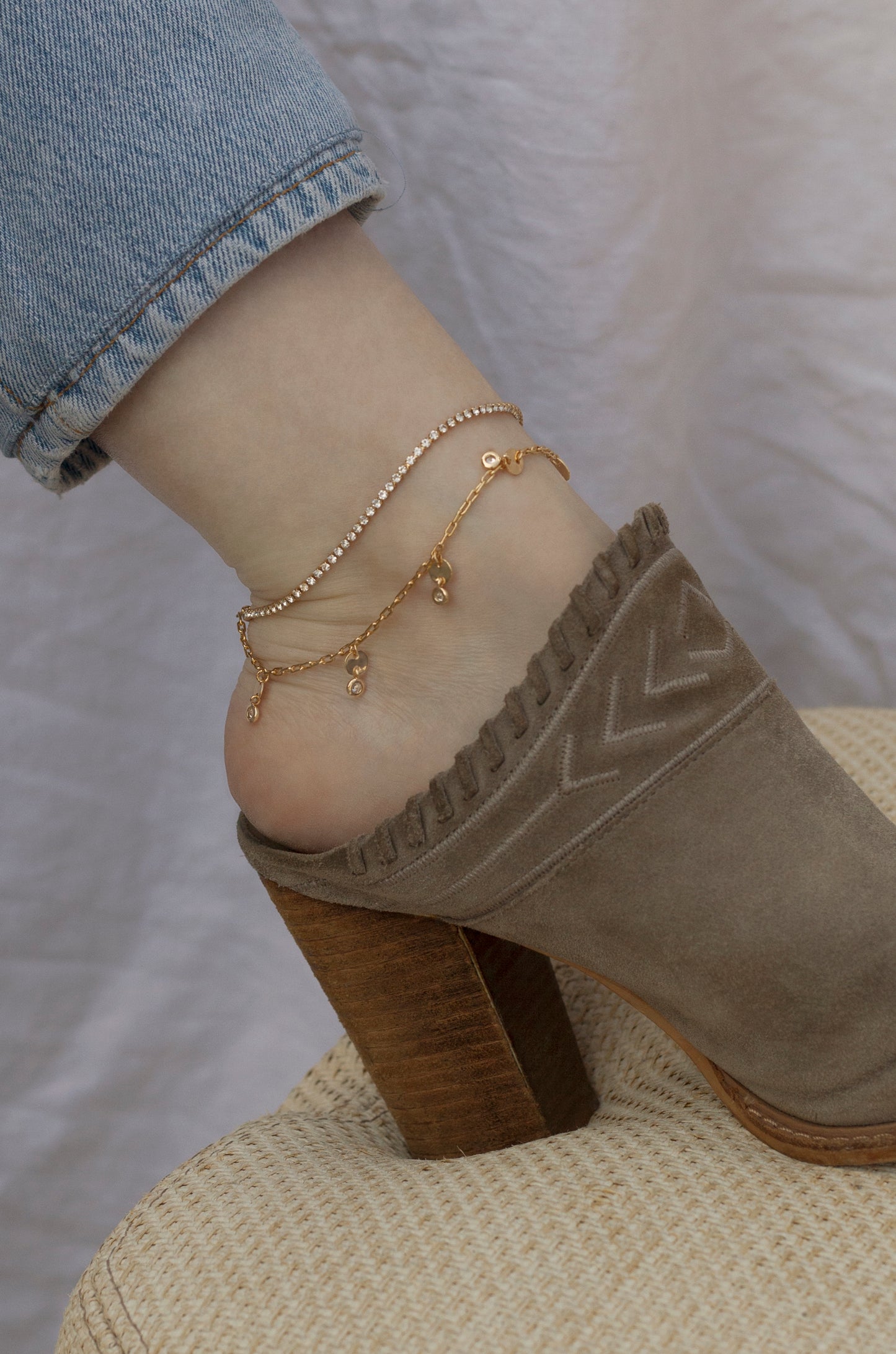 Giovanna Layered Crystal 18k Gold Plated Anklet shown on a model