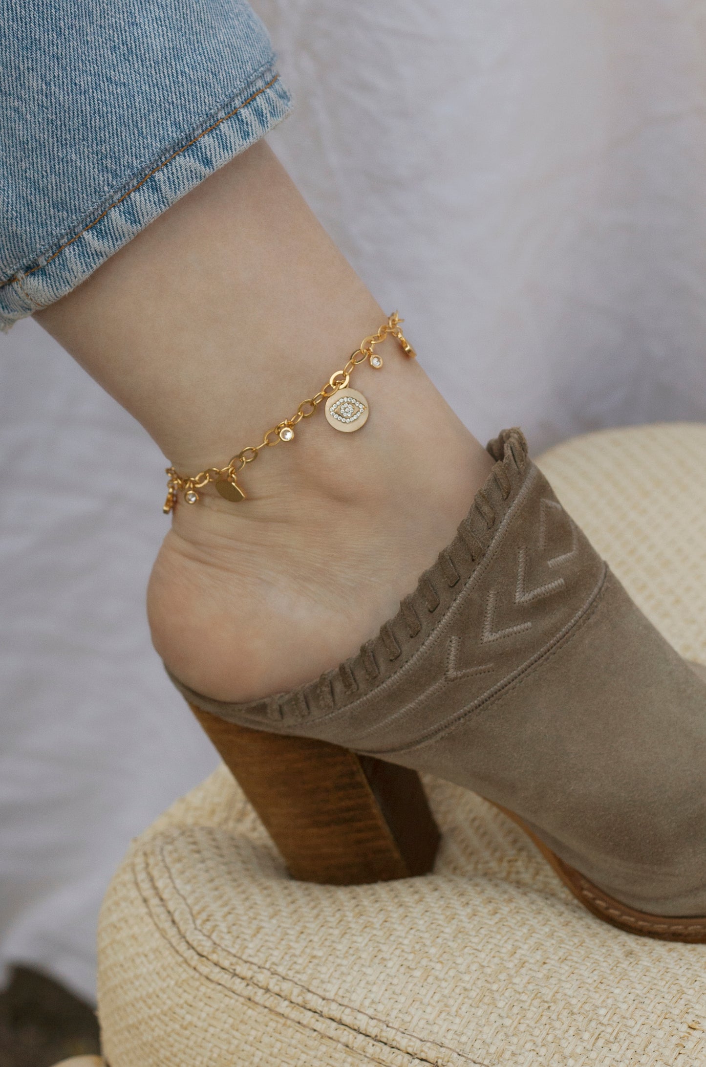 Third Eye Crystal Charm 18k Gold Plated Anklet shown on a model