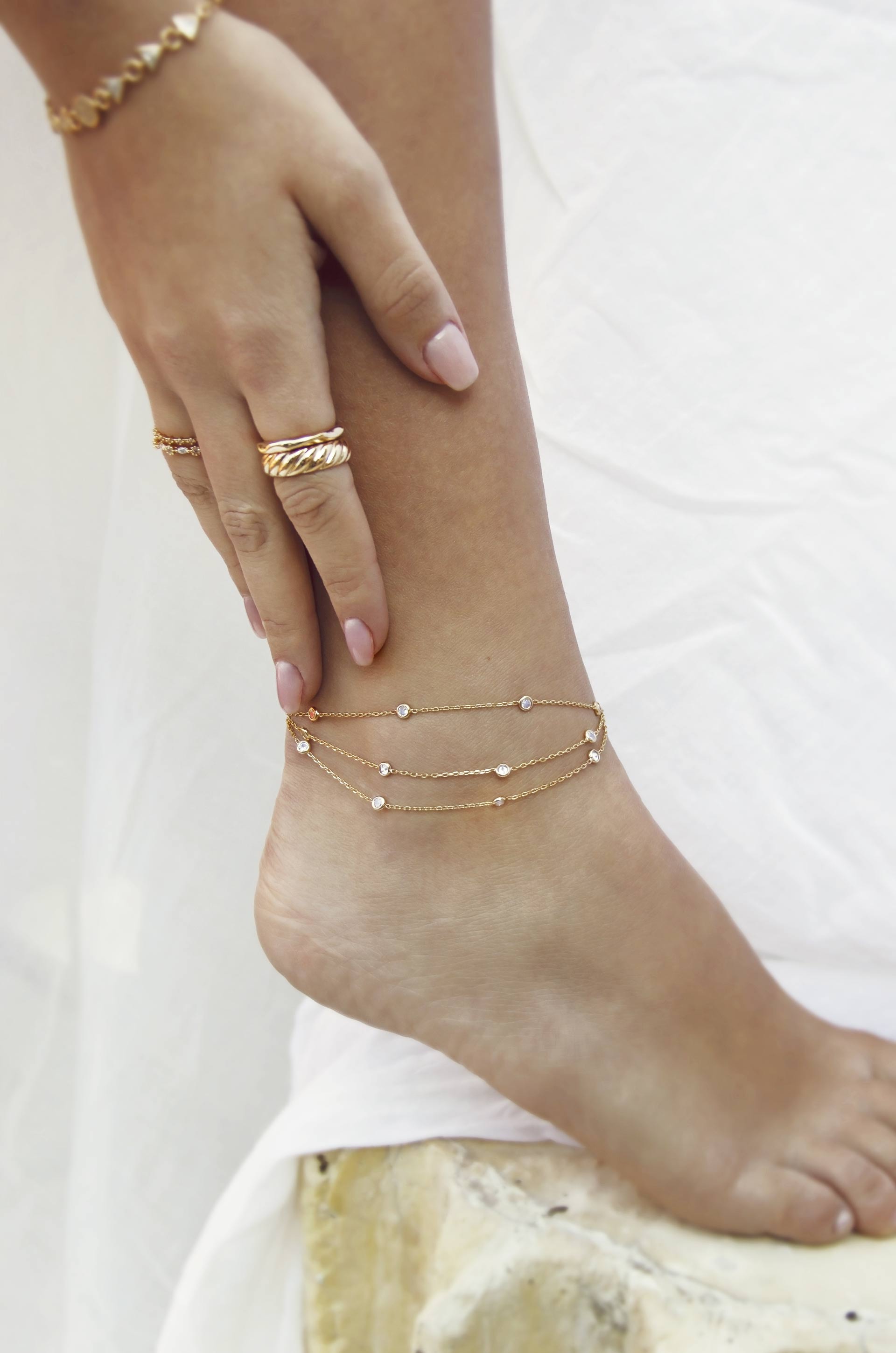 Fine Details 18k Gold Plated Crystal Anklet on model