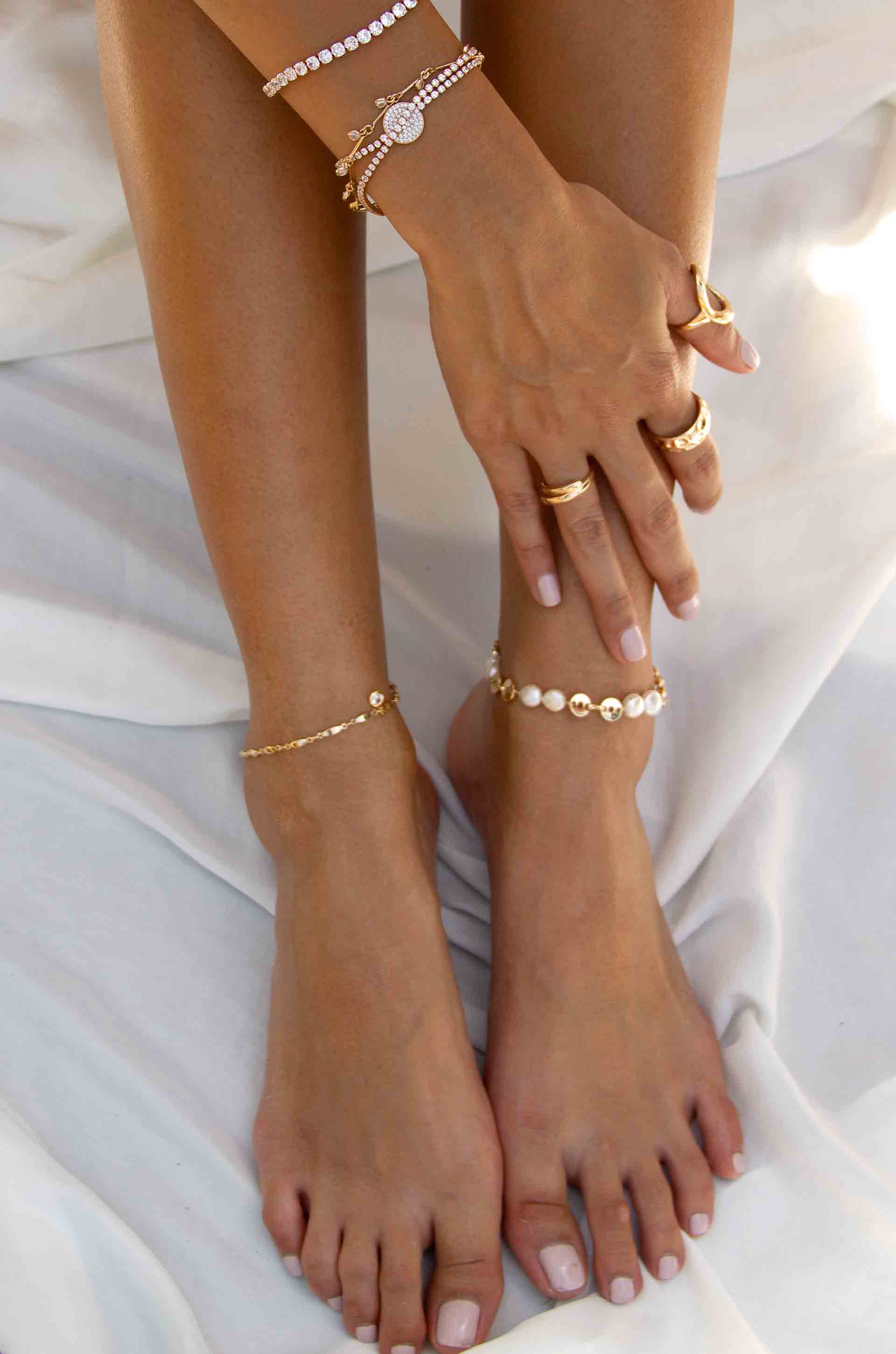 Day Dreamer 18k Gold Plated Anklet with Crystal Charm on a model