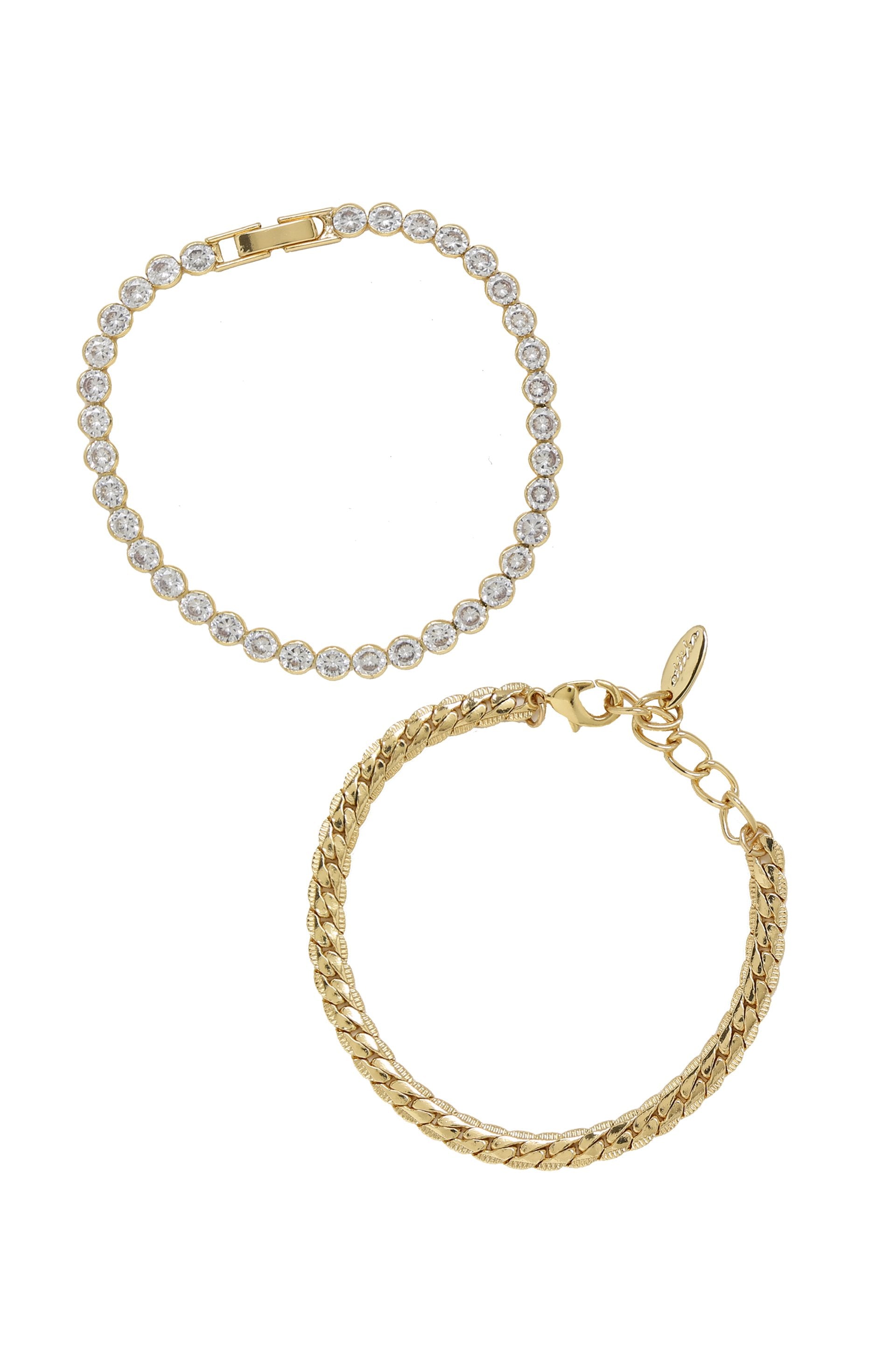 Crystal Chain & 18k Gold Plated Link Bracelet Set on white background  