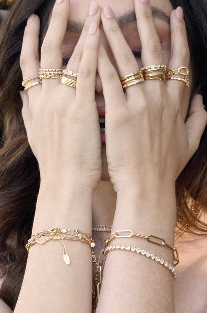 Giselle Sparkle Crystal 18k Gold Plated Bracelet shown on a model  
