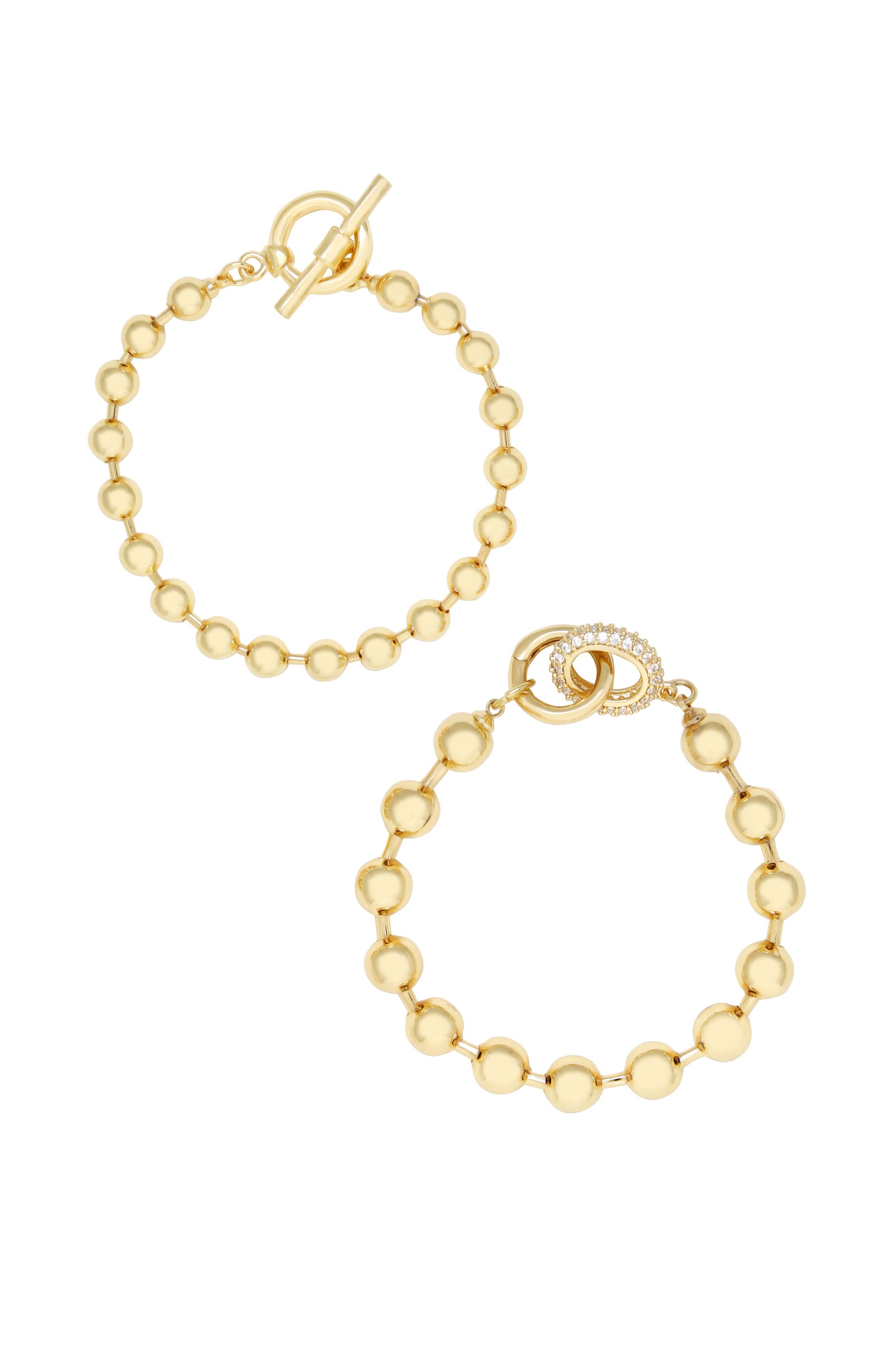 Ball Chain 18k Gold Plated Bracelet Set on white background  
