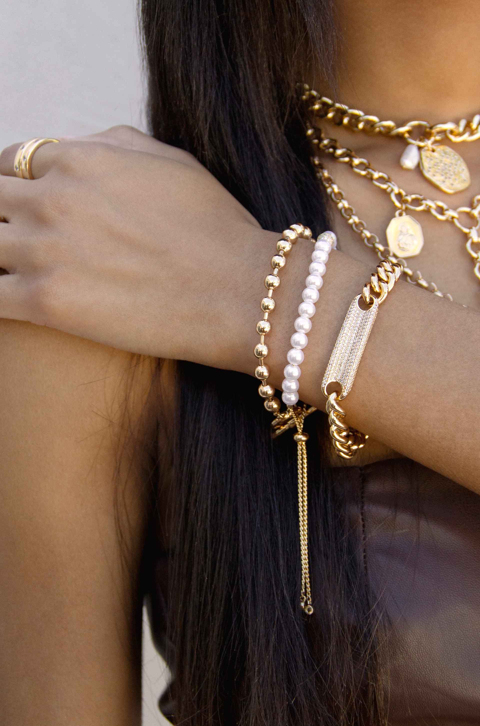 Pearl Adjustable 18k Gold Plated Bracelet on a model