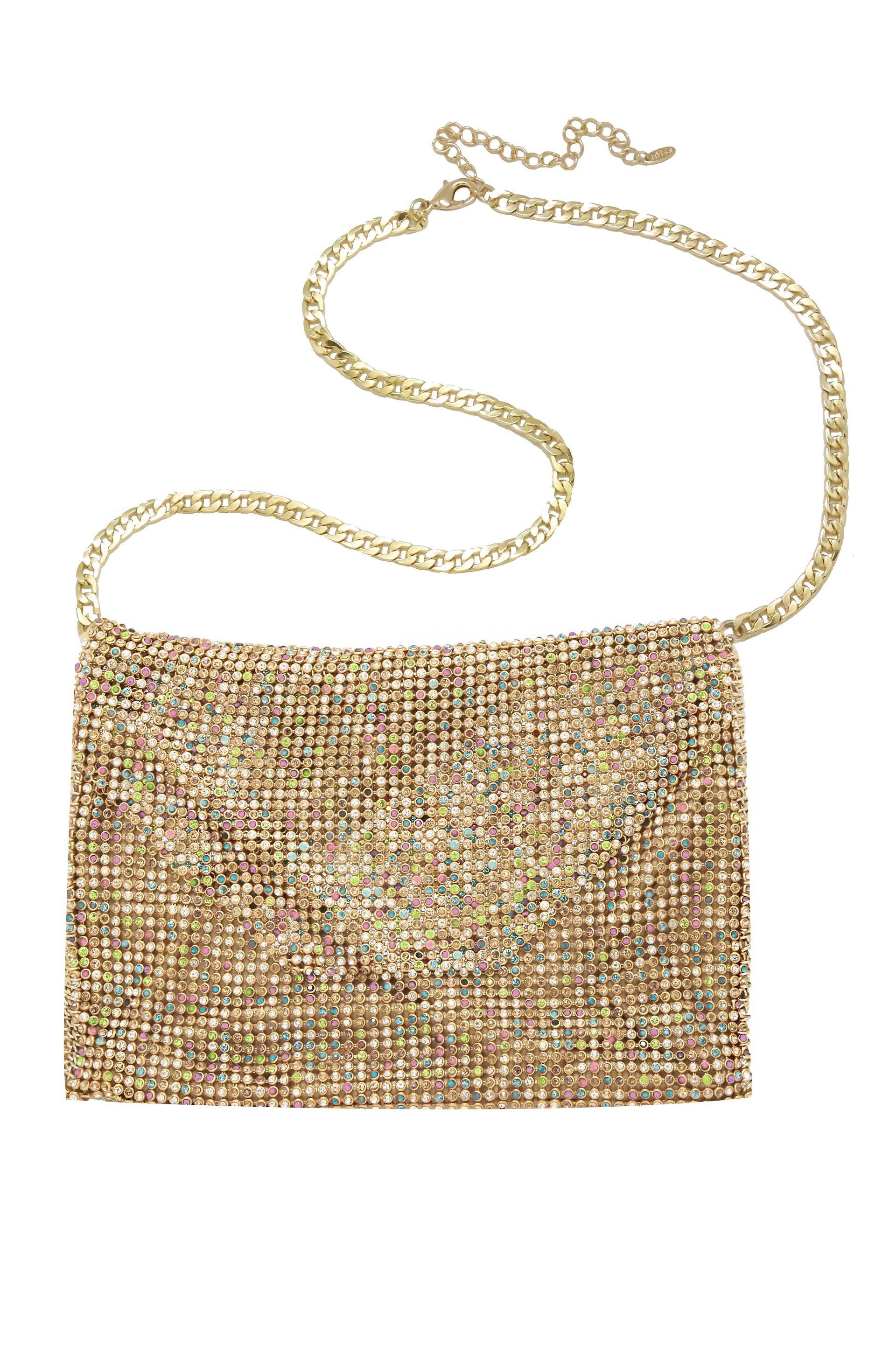Rainbow Shimmer Night Out Fanny Pack with Gold Chain Strap on white
