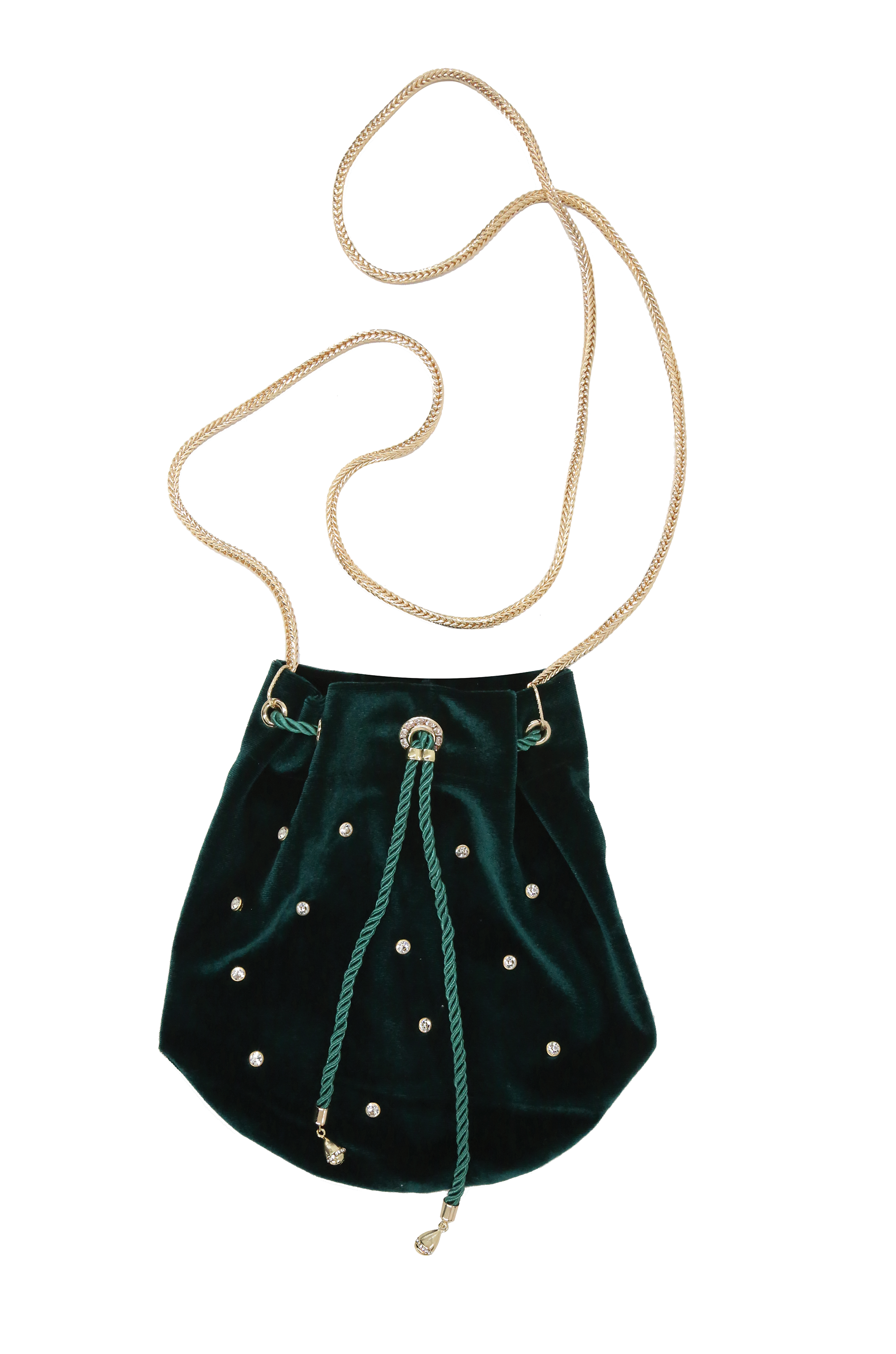 Emerald Velvet Compact Bucket Bag with Gold Chain on white