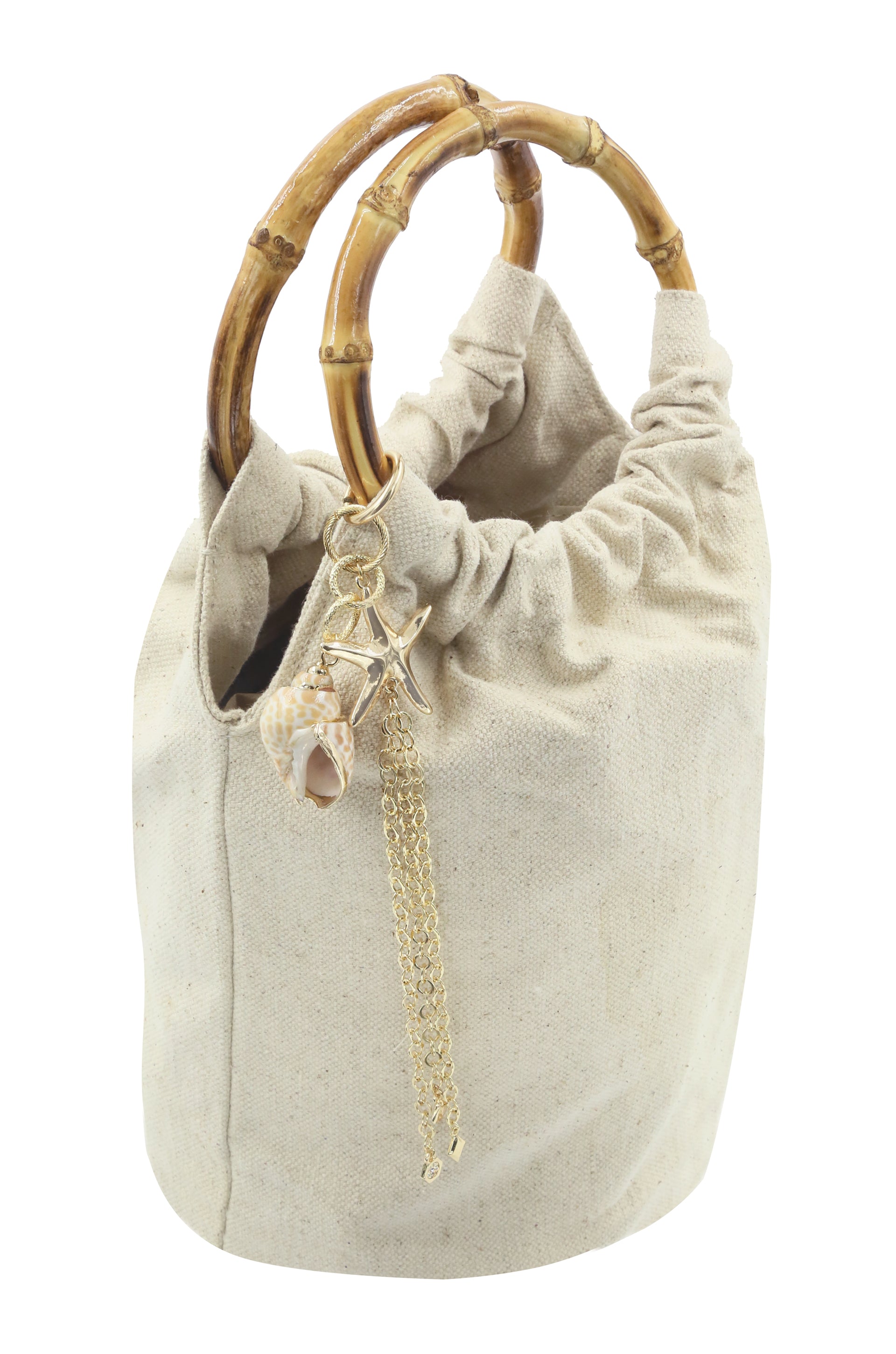 Beige Bucket Bag with Starfish & Shell Tassel on white background 2