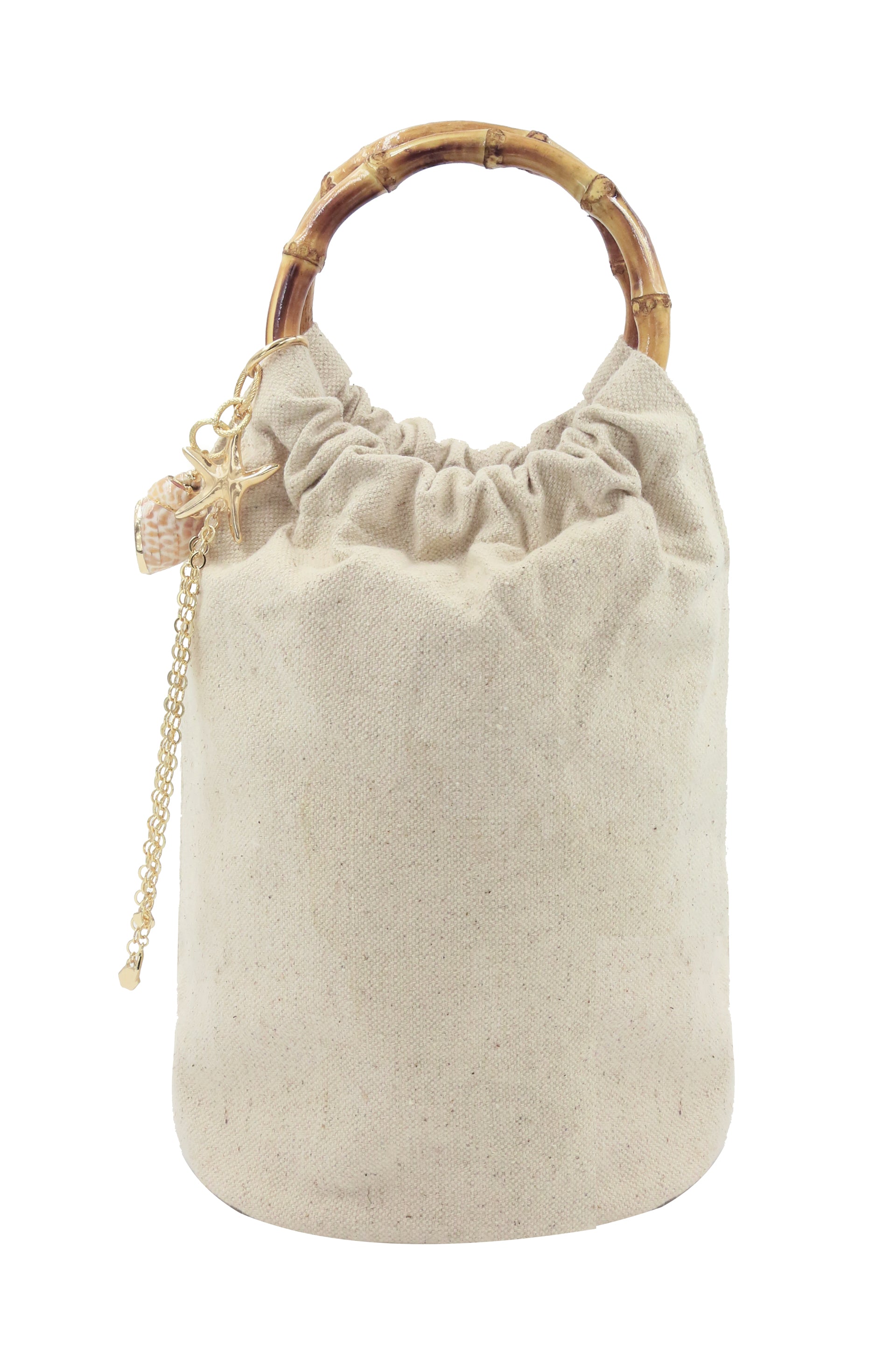 Beige Bucket Bag with Starfish & Shell Tassel on white background
