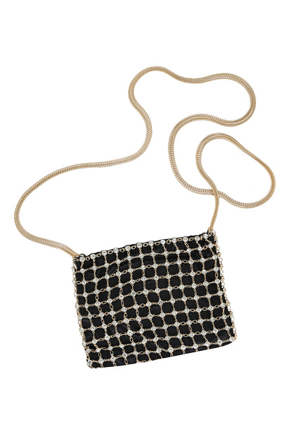 Crystal Criss Cross Chain Bag in Black & Gold on white background