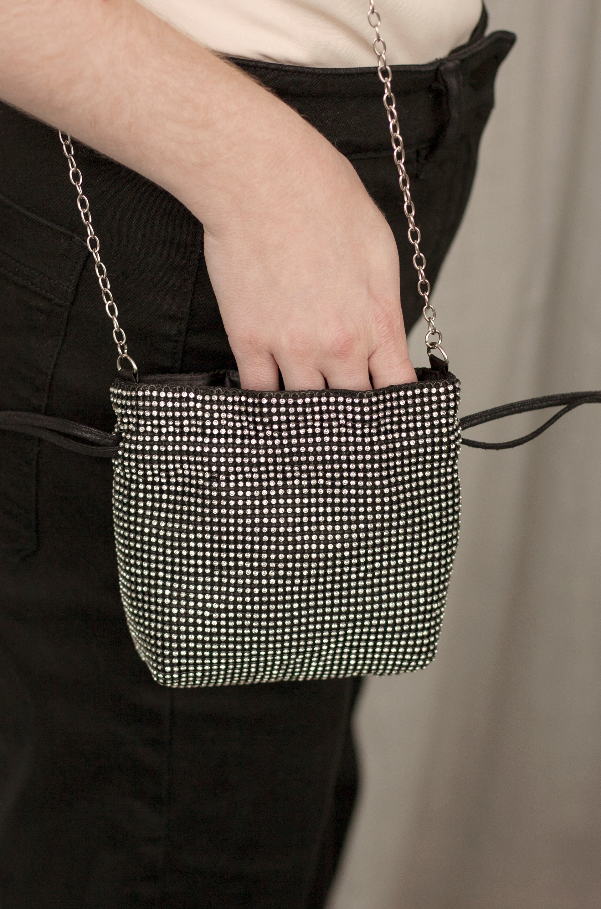 Rhinestone Mini Bag in Black & Silver shown on a model  