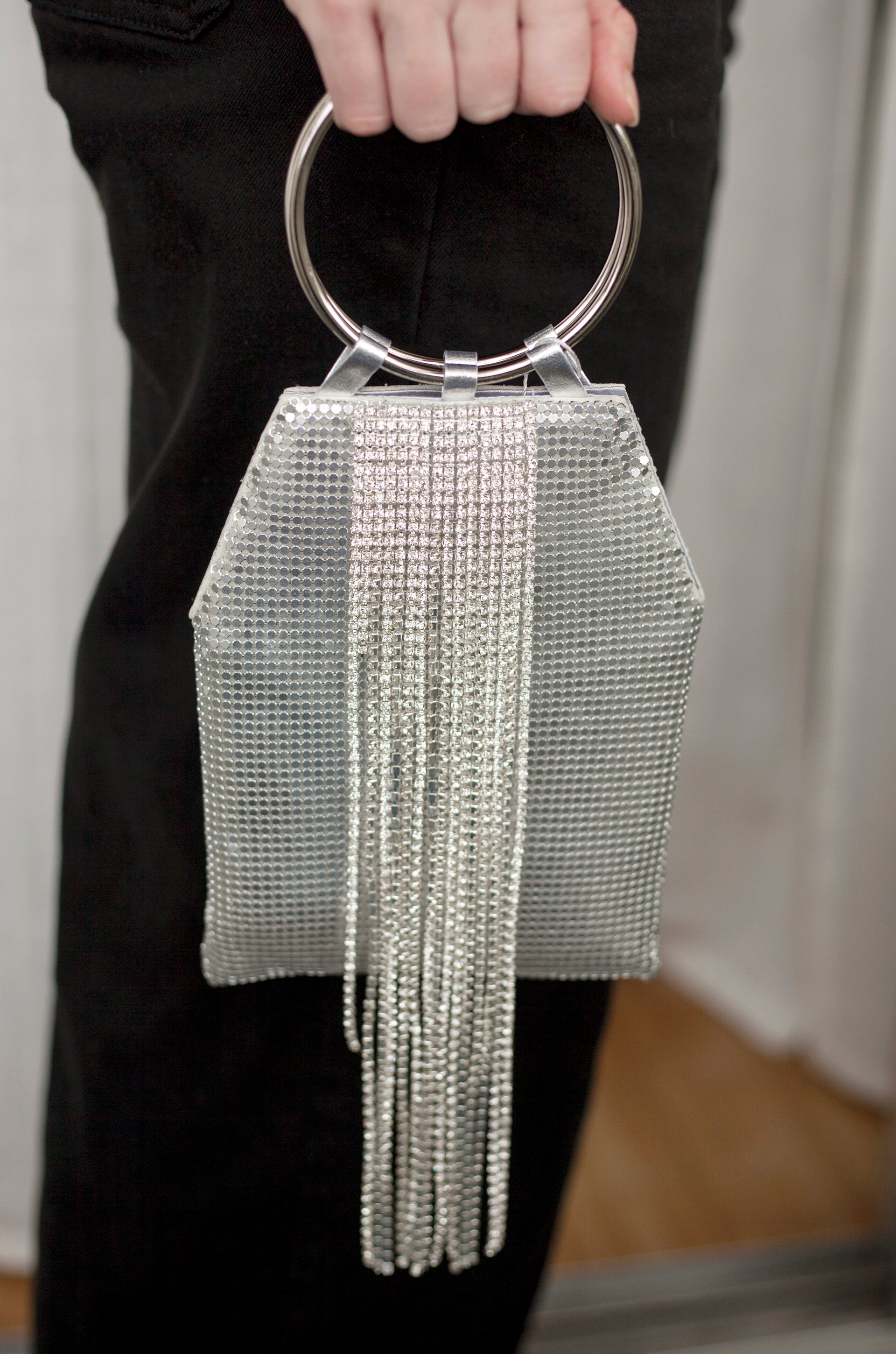 Silver Mesh Handle Bag shown on a model  