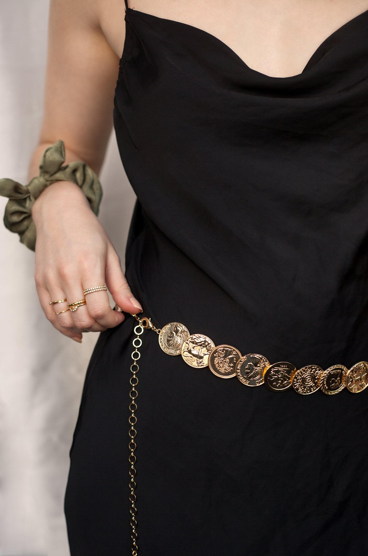 Roman Coin Statement Belt in Gold shown on a model  