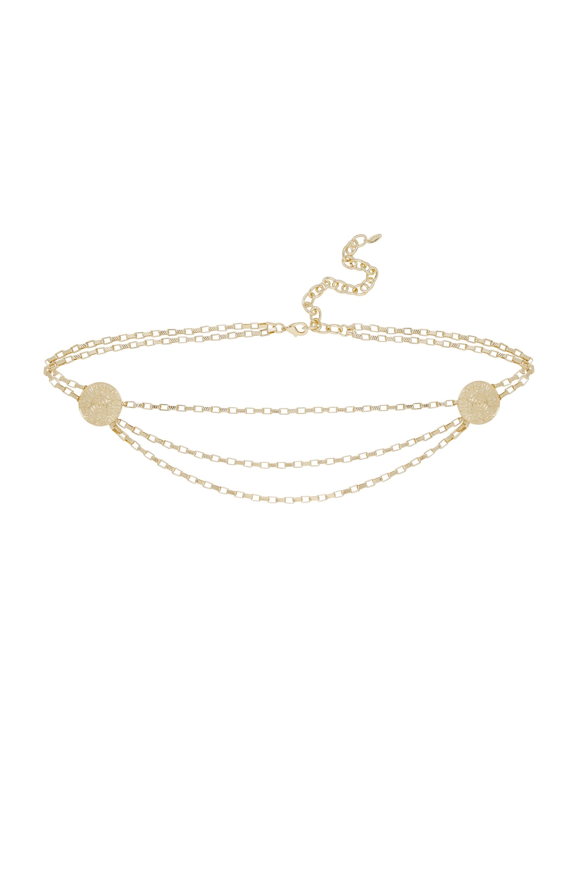 Multi-Chain Coin Dangle Belt in Gold on white background  